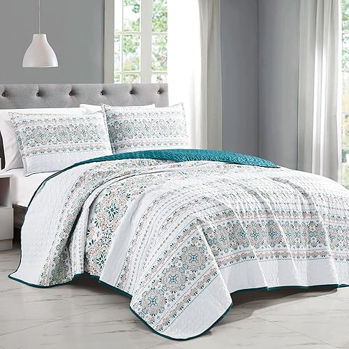 ESCA Juego de colcha reversible de 3 piezas con medallón adornado blanco y verde azulado con 2 fundas de almohada, tamaño KingCal King,