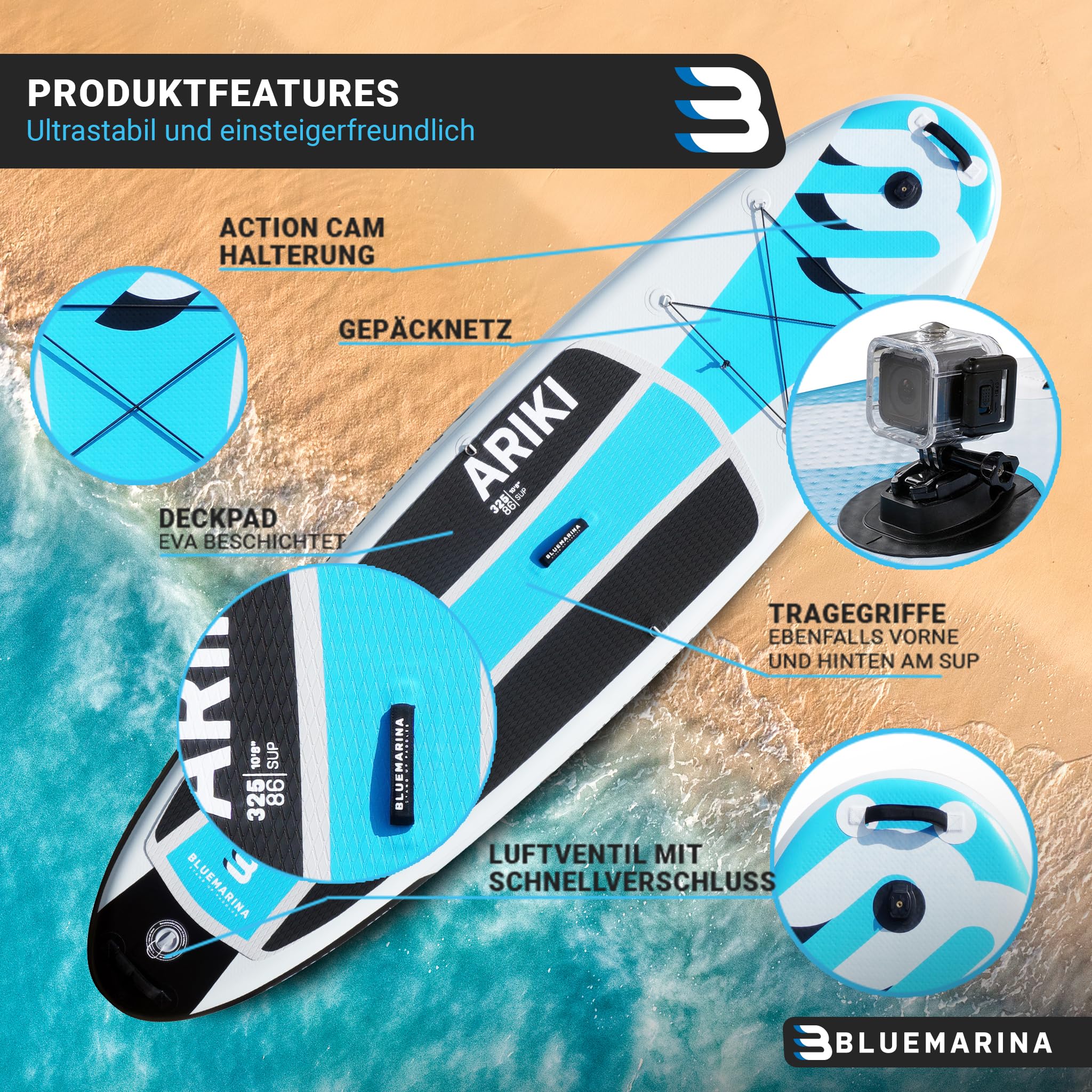 Bluemarina Stand Up Paddling Board Ariki | SUP - 𝟓 𝐉𝐀𝐇𝐑𝐄 𝐆𝐀𝐑𝐀𝐍𝐓𝐈𝐄 - SUP Board - Stand Up Paddle - Standup Paddle Board - Surfbrett | 305x76x13,5cm | 325x86x16,5cm