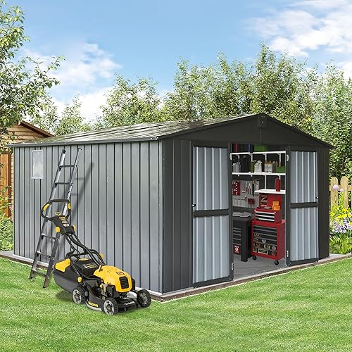 Domi Cobertizo de almacenamiento para exteriores, 11 x 12.5 pies, cobertizos de herramientas de metal con puerta doble con cerradura, cobertizo