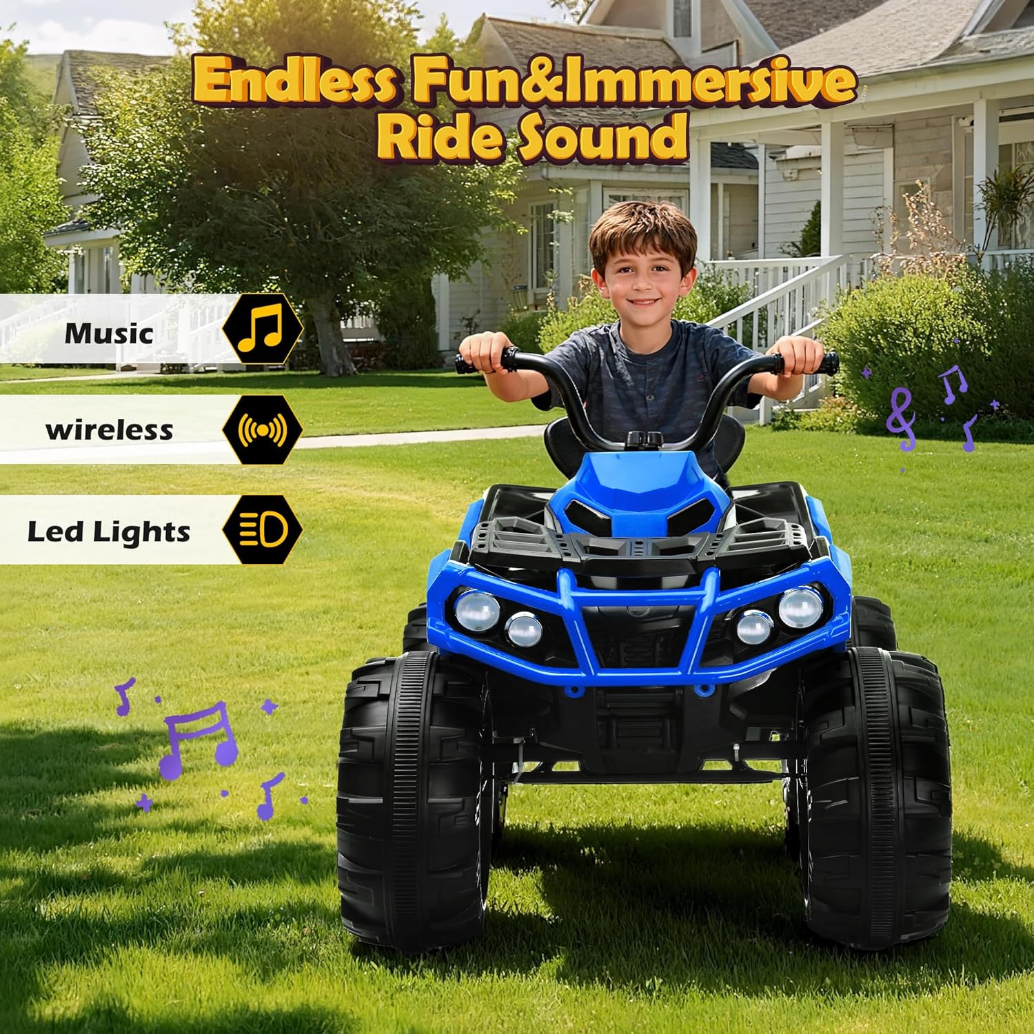 24V Kids ATV 4 Wheeler, Ride on Toys for Big Kids w/ 2 Speed, Led Light, Spring Suspension, Bluetooth, Music, 24 Volt Ride on Electric Quad for Boy & Girl Ages 3+ Blue