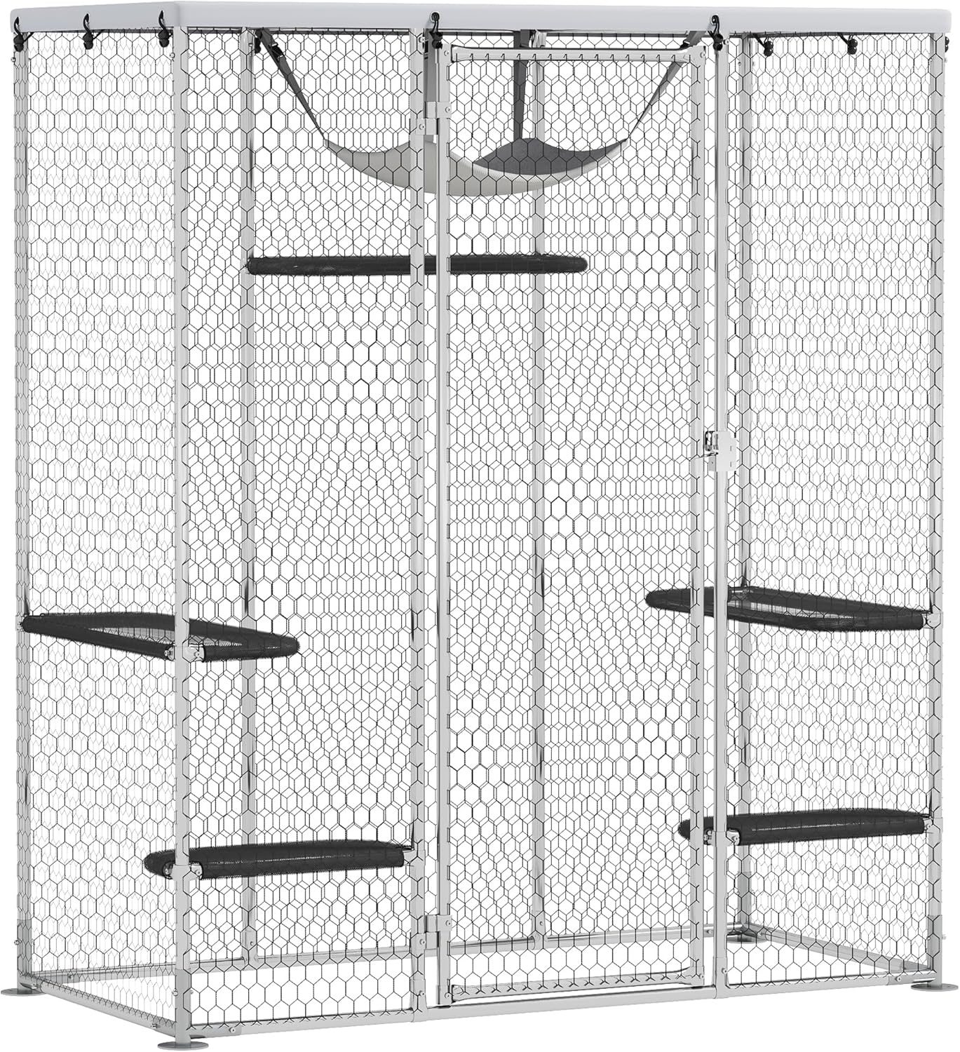 PawHut Large Catio Outdoor Cat Enclosure, Galvanized Steel Walk-in Cat Patio for Multiple Kittens, Outdoor Kitty Cage with Waterproof Cover, 5 Adjustable Platforms, Hammock, Chicken Coop Flat Roof