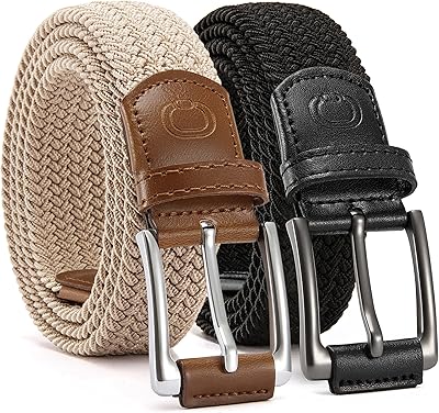 CHAOREN Stretch Belt Men 2 Pack - 1 3/8" Braided Golf Belts For Men - Casual Elastic For Pants and Jeans