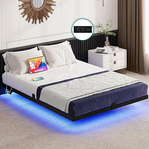 YITAHOME Floating Bed Frame Full Size, LED Bed Frame with Charging Station, Metal Platform Full Bed with Heavy Duty Steel Slats Supports, No Box Spring Needed, Easy Assembly, Black