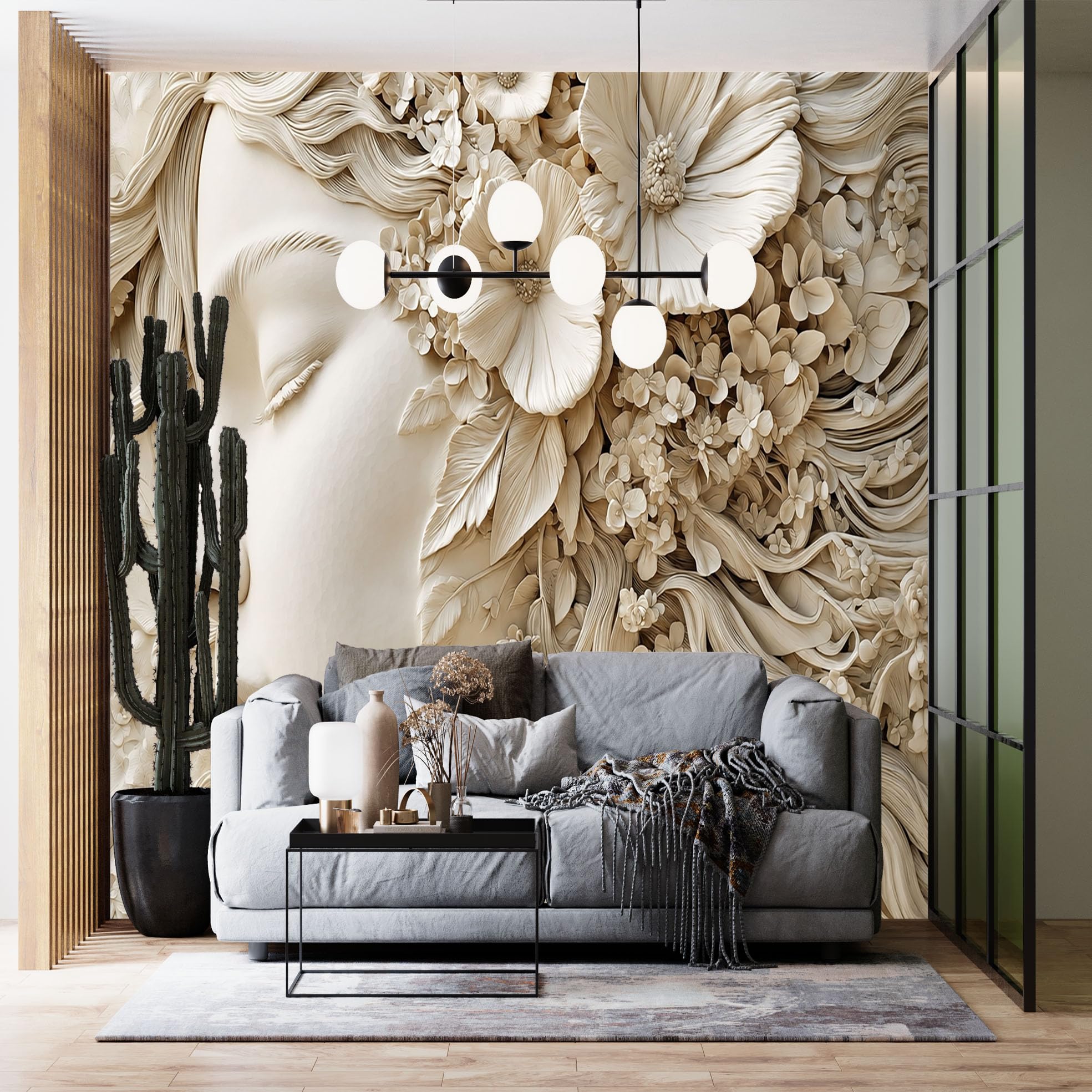 Grande Murale 3D Con Volto Femminile In Rilievo E Fiori 265X280 Cm (Lxa) Carta Da Parati Di Lusso Con Volto Femminile In Rilievo E Motivo Floreale In Tessuto Non Tessuto Ideale Per Camera Da Letto S