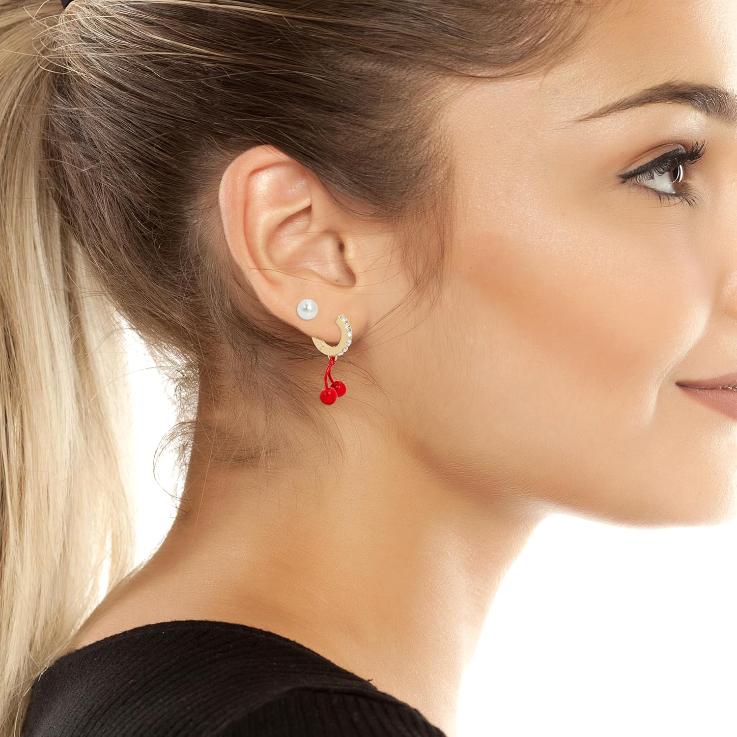 Betsey Johnson Womens Cherry Cluster Charm Huggie Duo Earring Set - Image 3