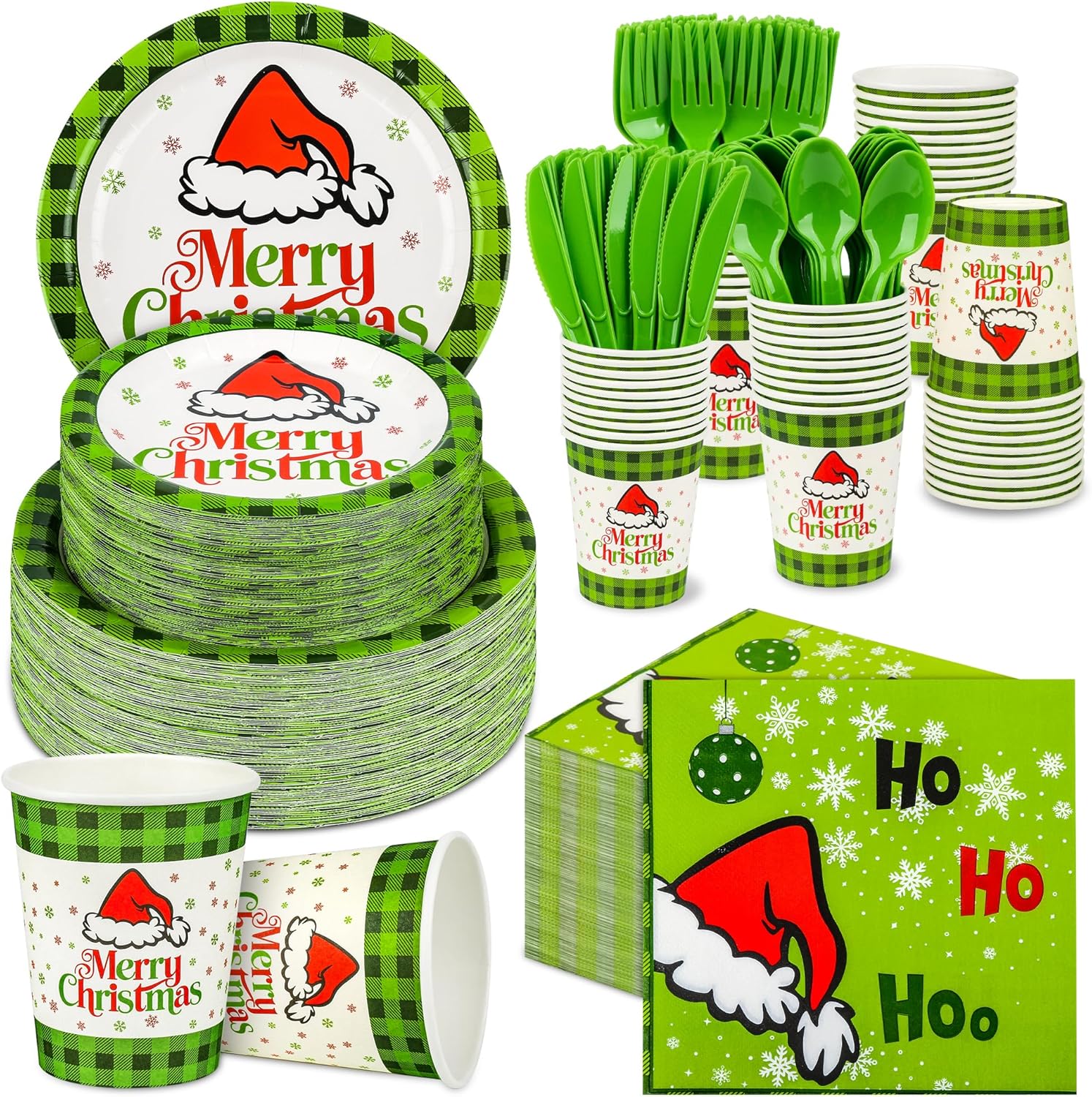 400 Pcs Christmas Paper Plates and Napkins Set, Merry Christmas Buffalo Plaid Disposable Dinnerware Set for 50 Guest, Xmas Tree Truck Paper Plates and Napkins Cup Knives Spoon Fork for Holiday Decor