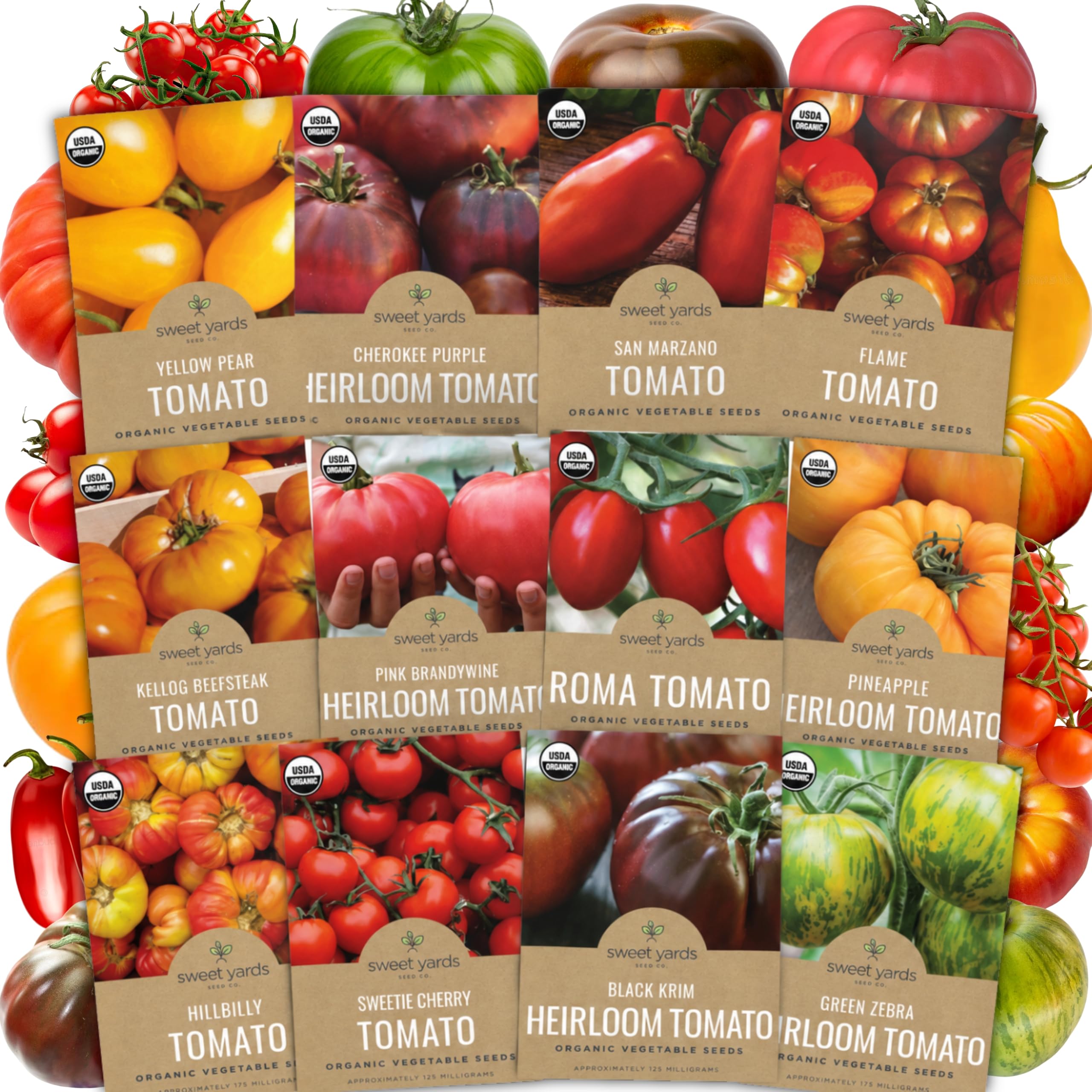 Organic Tomato Seeds Variety Pack - 12 Individual Packs - 2026 Season - Roma, Cherry, Black Krim, Yellow Pear, Pineapple and More! for Indoor & Outdoor Planting (Non-GMO, Certified Organic)