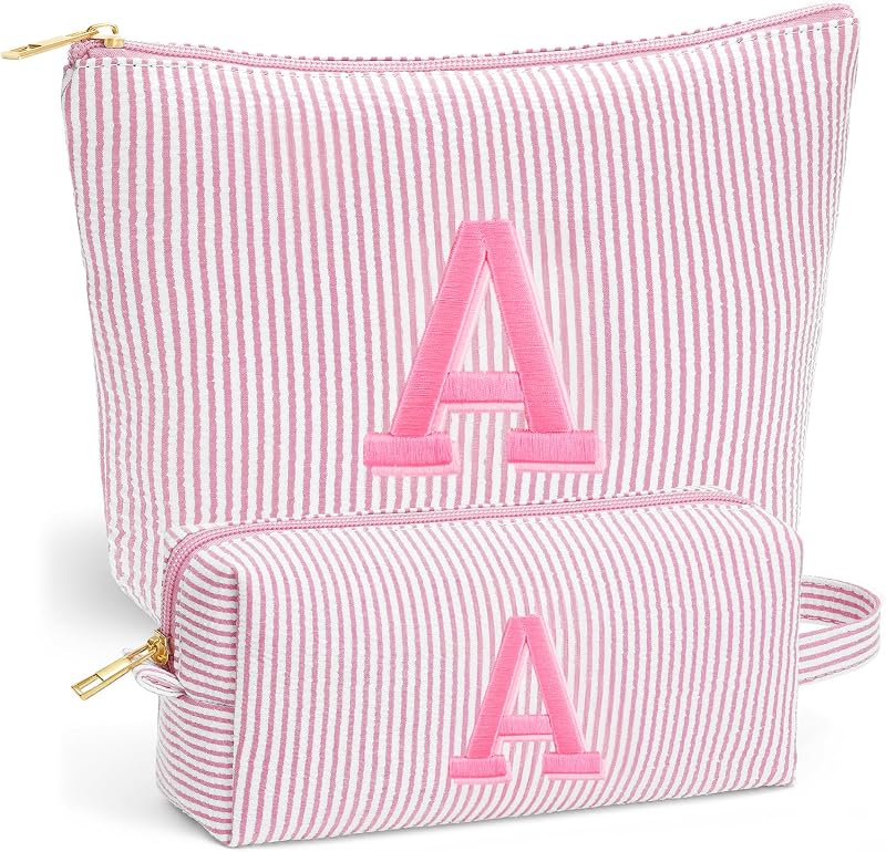 Fohufo Conjunto de necessaires de maquiagem e higiene com zíper, estampa listrada, Light Pink, Pacote com 2