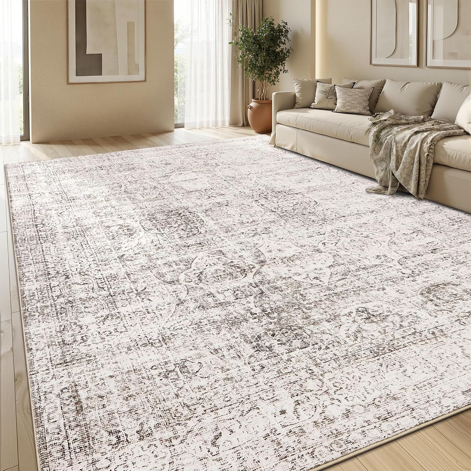 Area Rugs 8x10 for Living Room - Machine Washable Rugs for Bedroom Vintage Stain Resistant Non Slip Low Pile Carpet for Dinning Room Farmhouse Kis Room,Brown/White