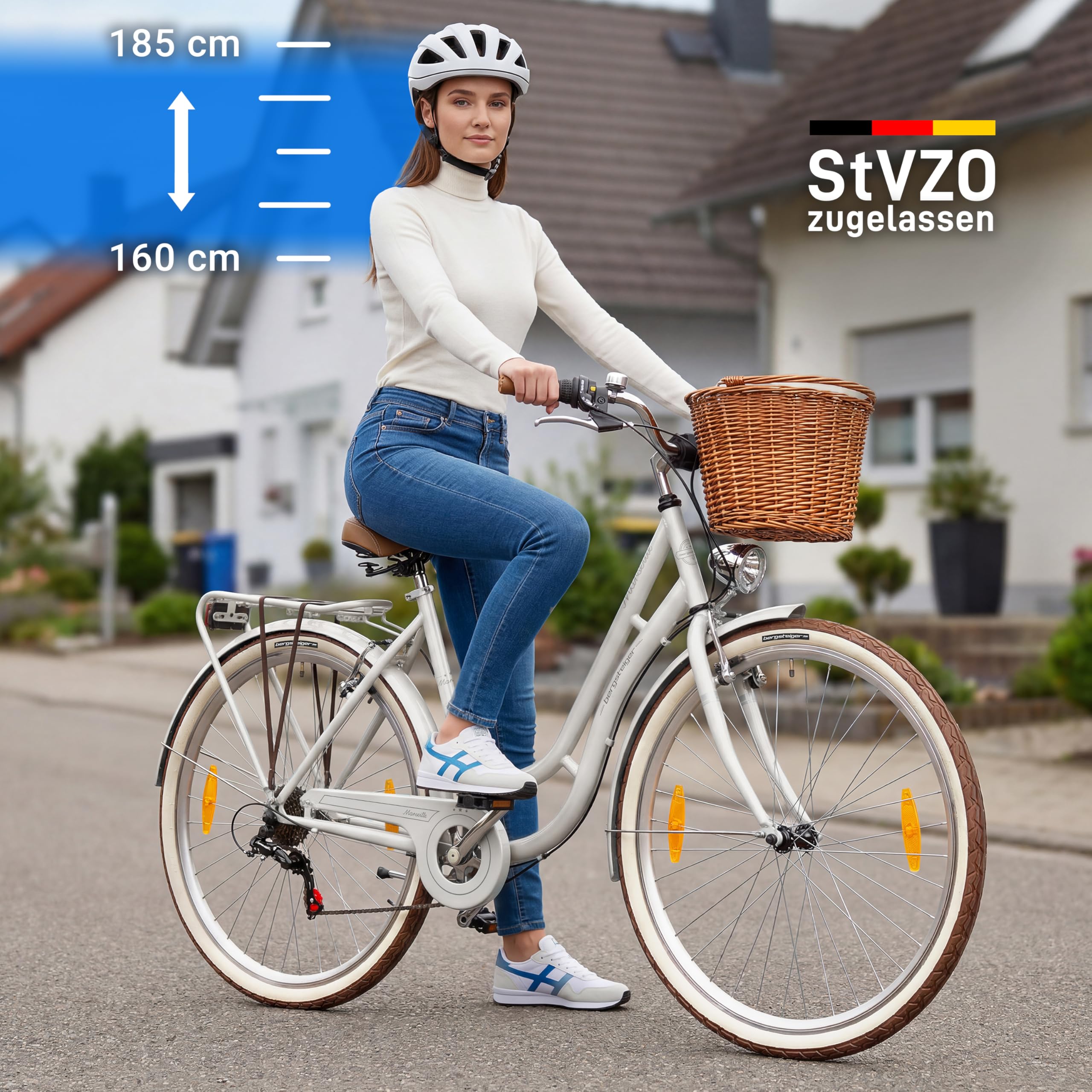 Bergsteiger Marseille 26/28 Zoll Damen Citybike im Retro-Design | Modisches Damenrad ab 150 cm Groesse mit 6 Gängen, Rattan-Korb und StVZO Licht. Zu 90% komplett vormontiert geliefert.