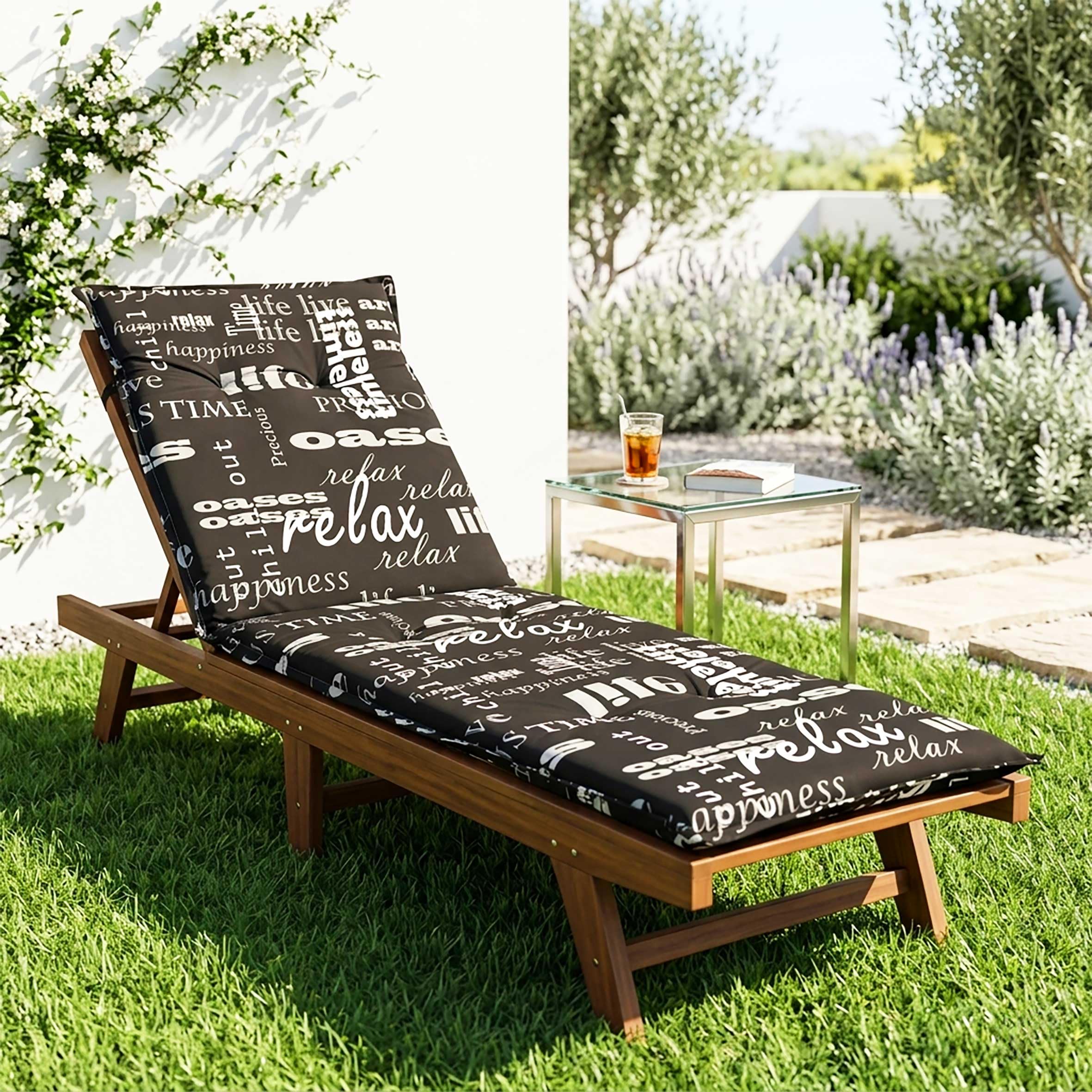 Spetebo Sonnenliegen Polsterauflage 190 x 60 cm - Lifestyle - Universal Kissen für Gartenliegen - Liegestuhl Polster Deckchair Auflage Liegekissen Liegenauflage schwarz mit modernen Schriftzügen