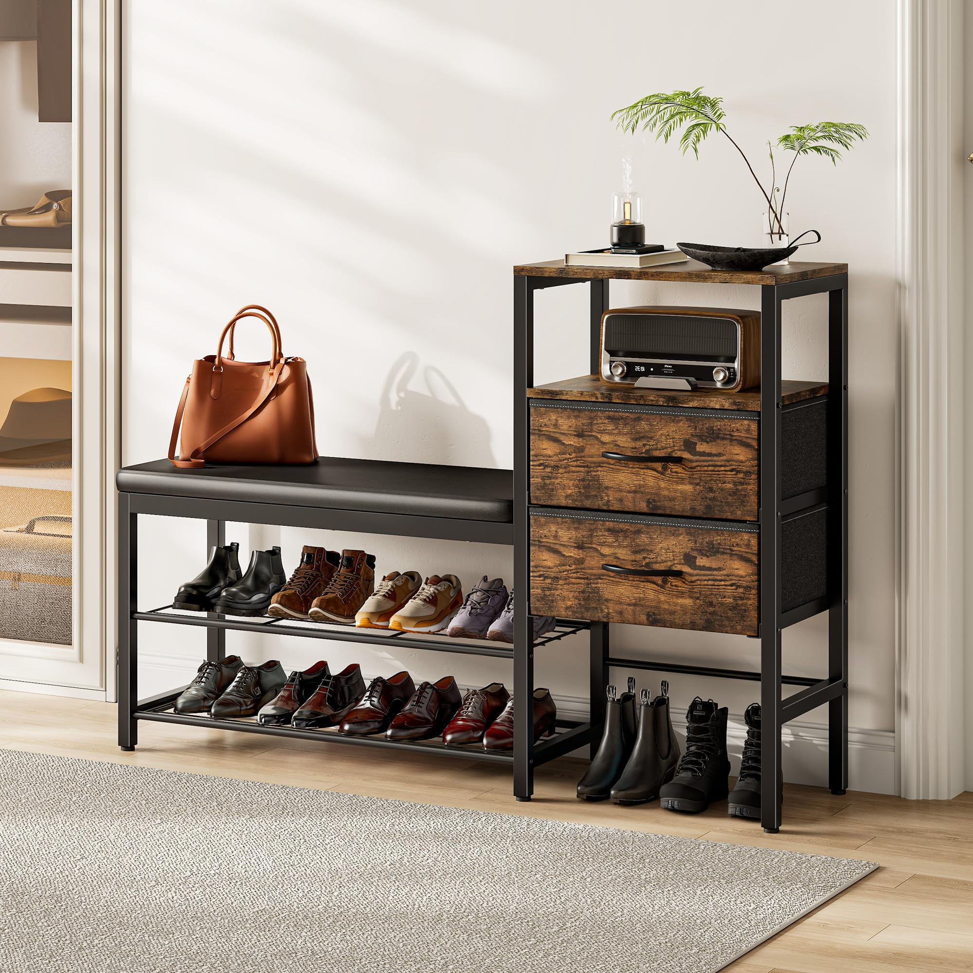 Gyfimoie Schuhschrank mit Sitzgelegenheit und Schublade, 2 Ebenen Schuhregal, Metallrahmen für Eingang Flur