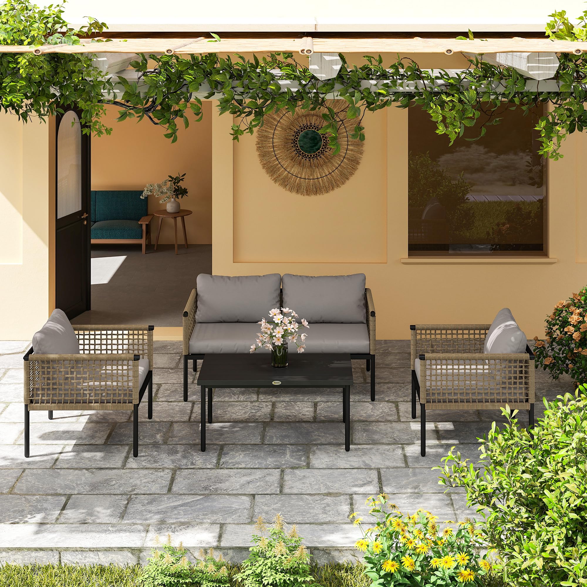 Outsunny Conjunto de Jardín Exterior de Ratán Sintético Natural y Gris | 4 Piezas, Muebles de Jardín Exterior, Incluye 1 Sofá Doble, 2 Sillones, Mesa de Centro con Cojines