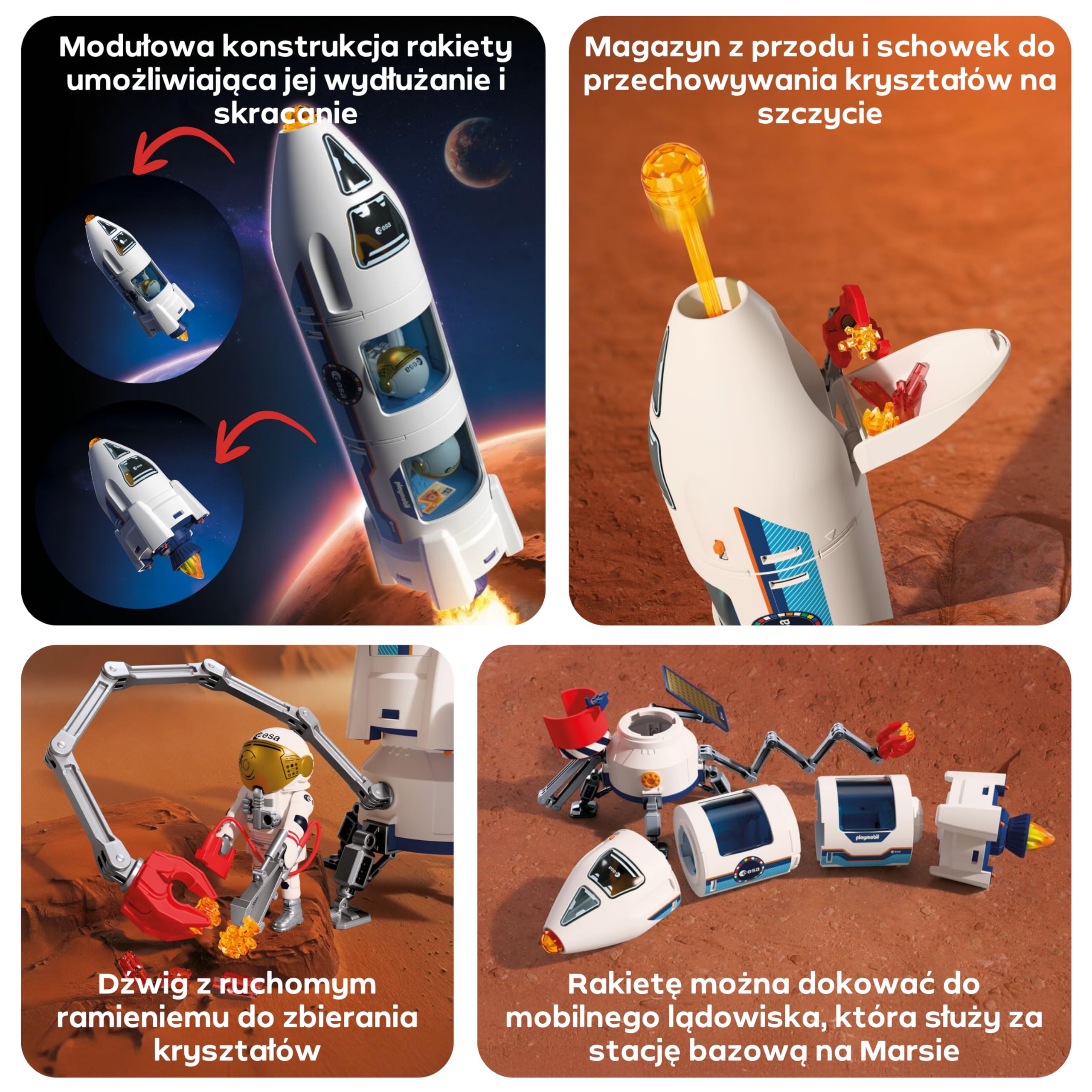 PLAYMOBIL Space ESA Mars Research Rocket | Modułowa rakieta z platformą startową i 2 astronautami | Wysokiej jakości zestaw zabawek kosmicznych | Dla dzieci w wieku od 4 lat | 72011