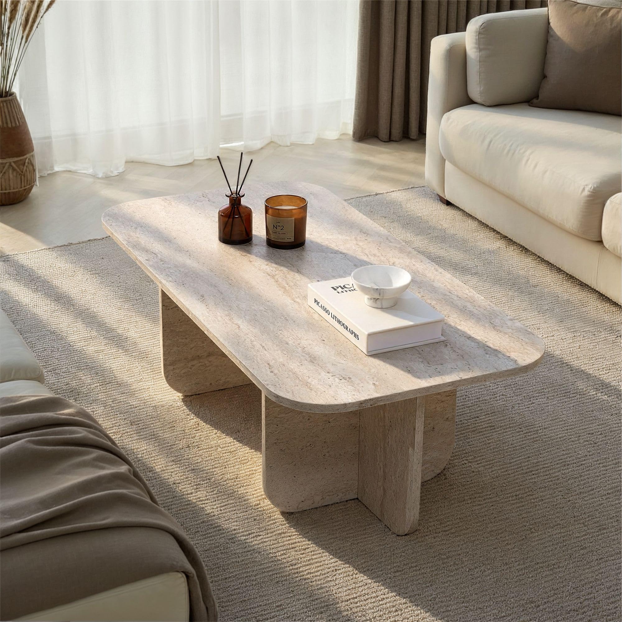Stilvoller Couchtisch, Travertine-Farbe, 120 x 60 x 41 cm | 100% melaminbeschichtete Spanplatte, 18 mm dick | perfekt für Moderne Wohnzimmer & Räume
