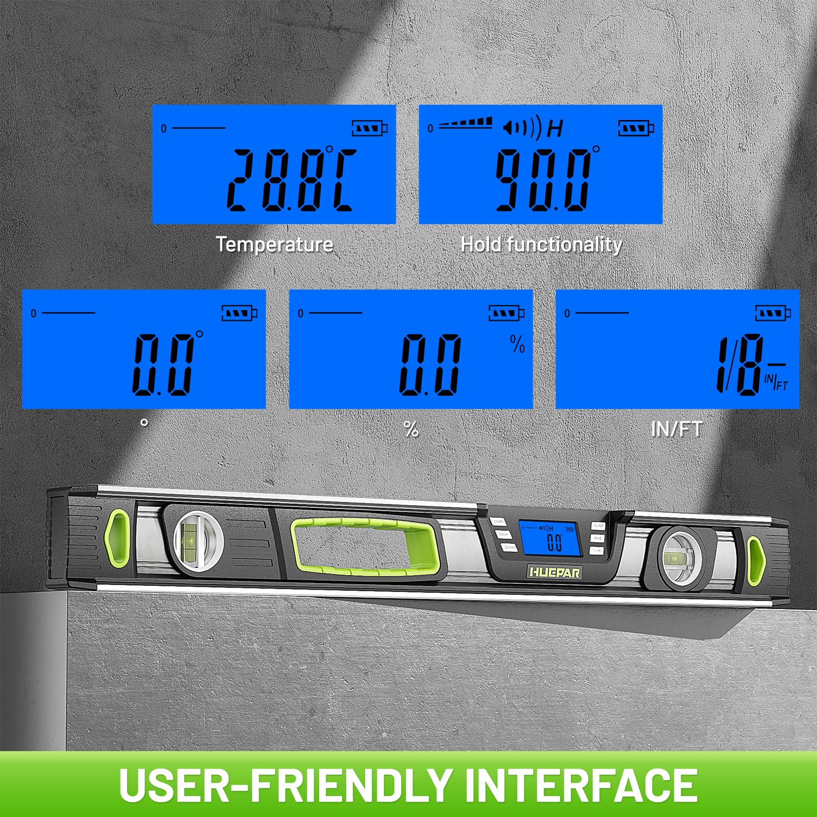 Huepar Livella digitale da 24 pollici, strumento professionale intelligente di precisione Torpedo, display LCD luminoso, avvisi acustici, fondo magnetico, IP54, resistente alla polvere e all'acqua