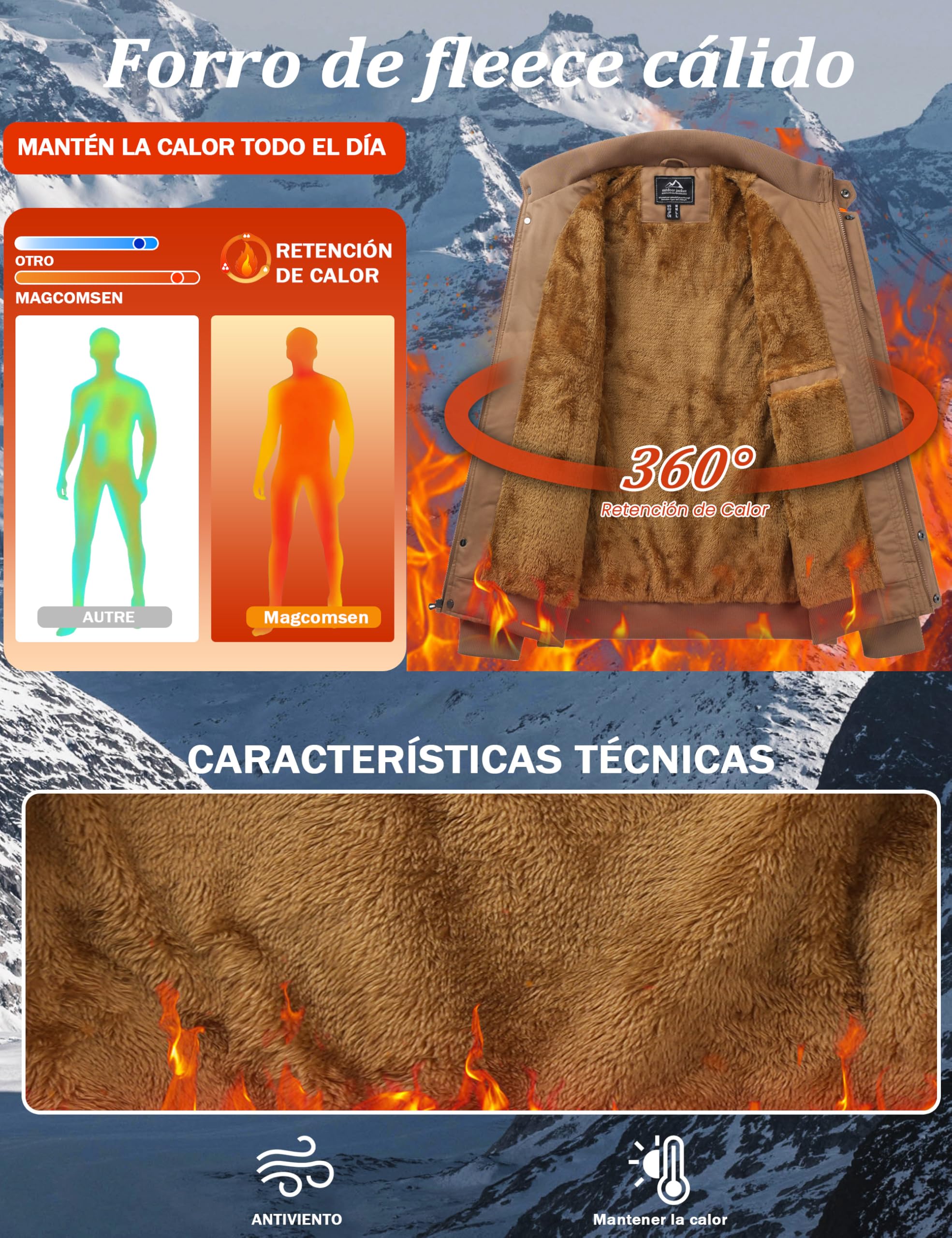 MAGCOMSEN Chaqueta de invierno para hombre forro polar cálido estilo cargo casual de entretiempomilitar