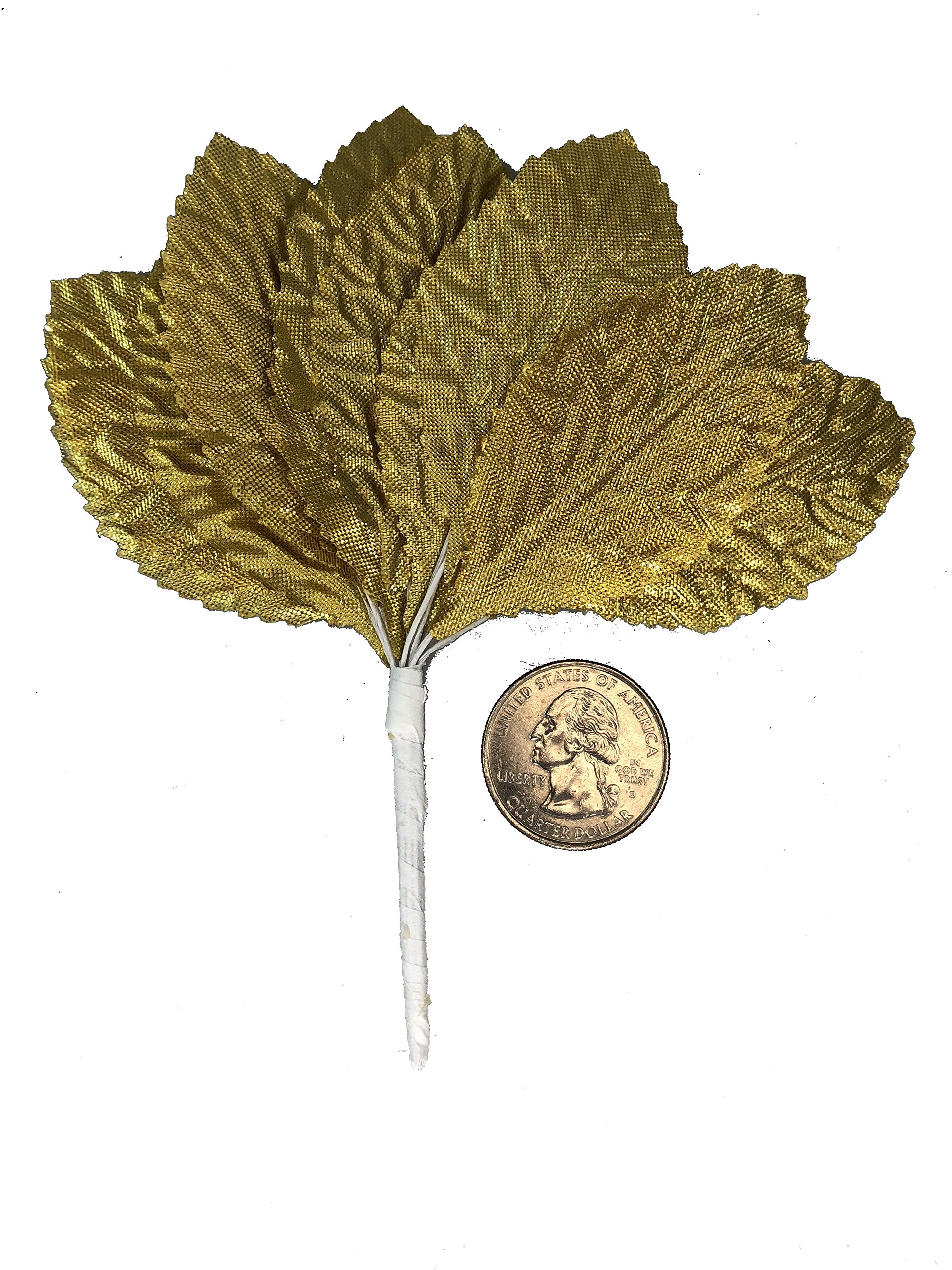LACrafts 1.5” or 2.5” Inch Artificial Wired Leaves in Green, Gold, Silver or White for Decorations, Crafting, and Corsages (Gold, 2.5
