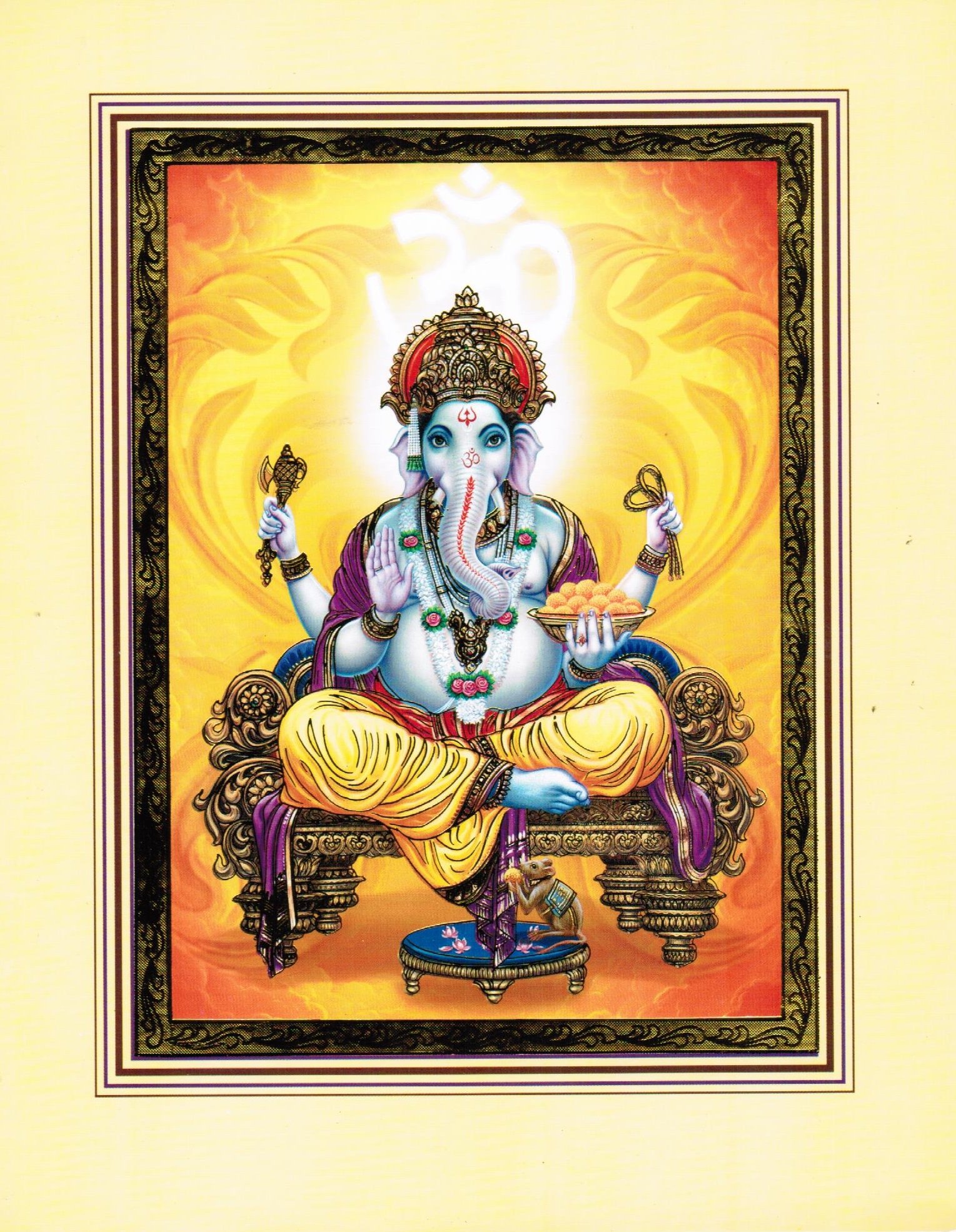 India Bazaar Gold,Golden,Yellow Ganesh With Ohm- Hindu God Poster With Golden Foil - With Border Mount - 9.5 X 8 Inches