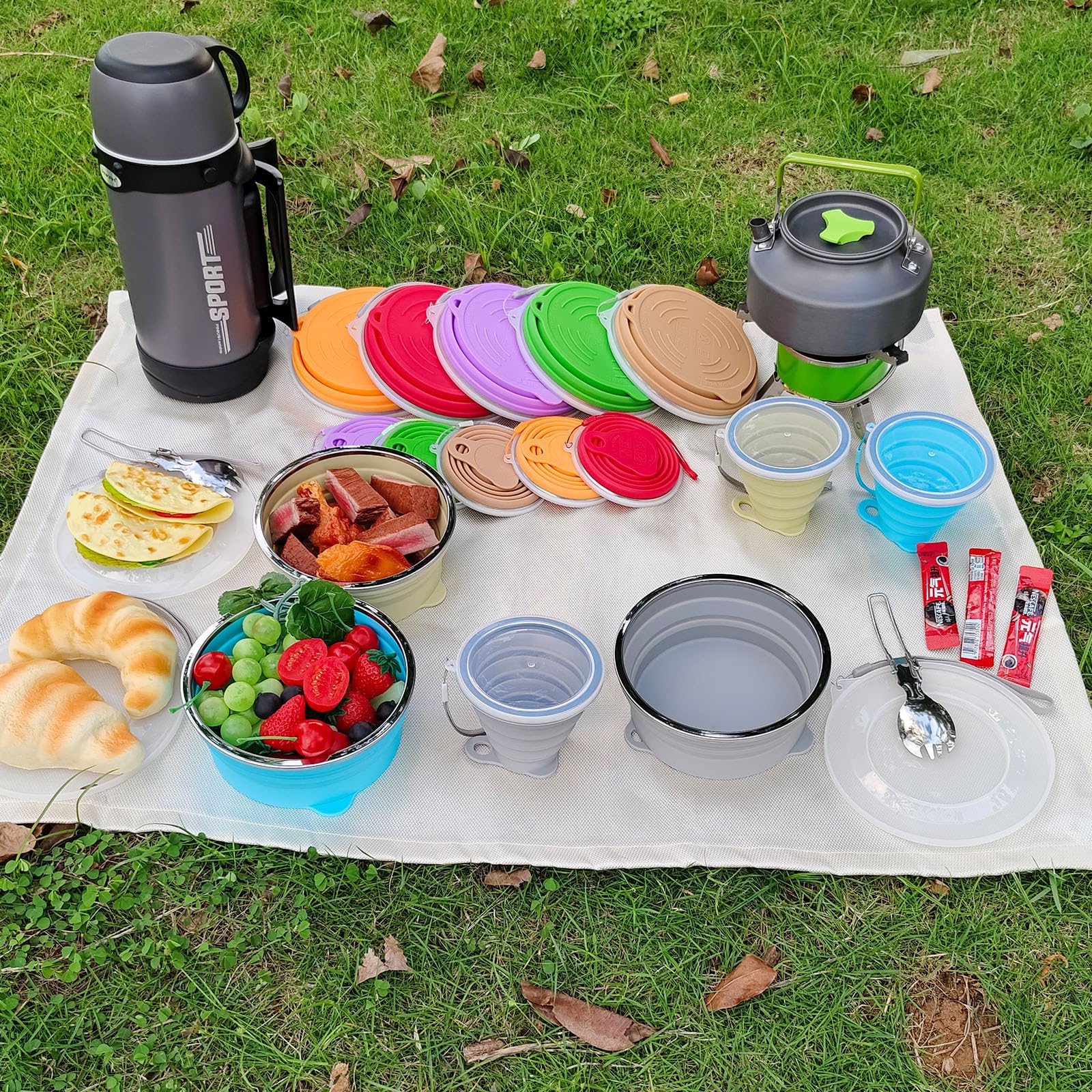 Juego de 2 cuencos plegables de silicona para camping, taza plegable y cuchara de acero inoxidable para mochileros, senderismo, viajes y picnic