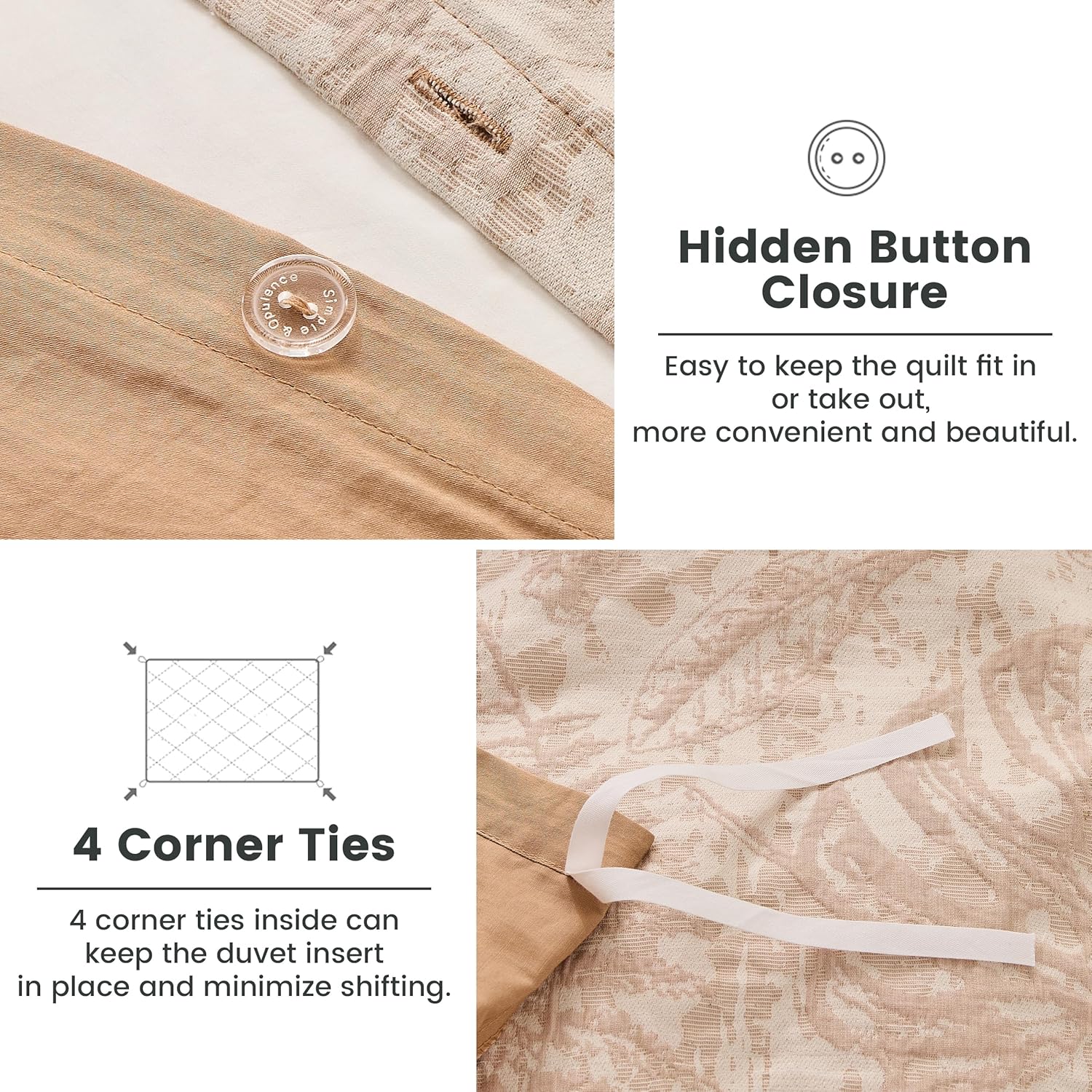 Simple&Opulence Jacquard Floral Duvet Cover Set 3 Pcs, 100% Cotton Muslin Yarn-Dyed Textured Bedding Set with Button Closure Soft Breathable, Monstera - Brown, Queen - Image 3