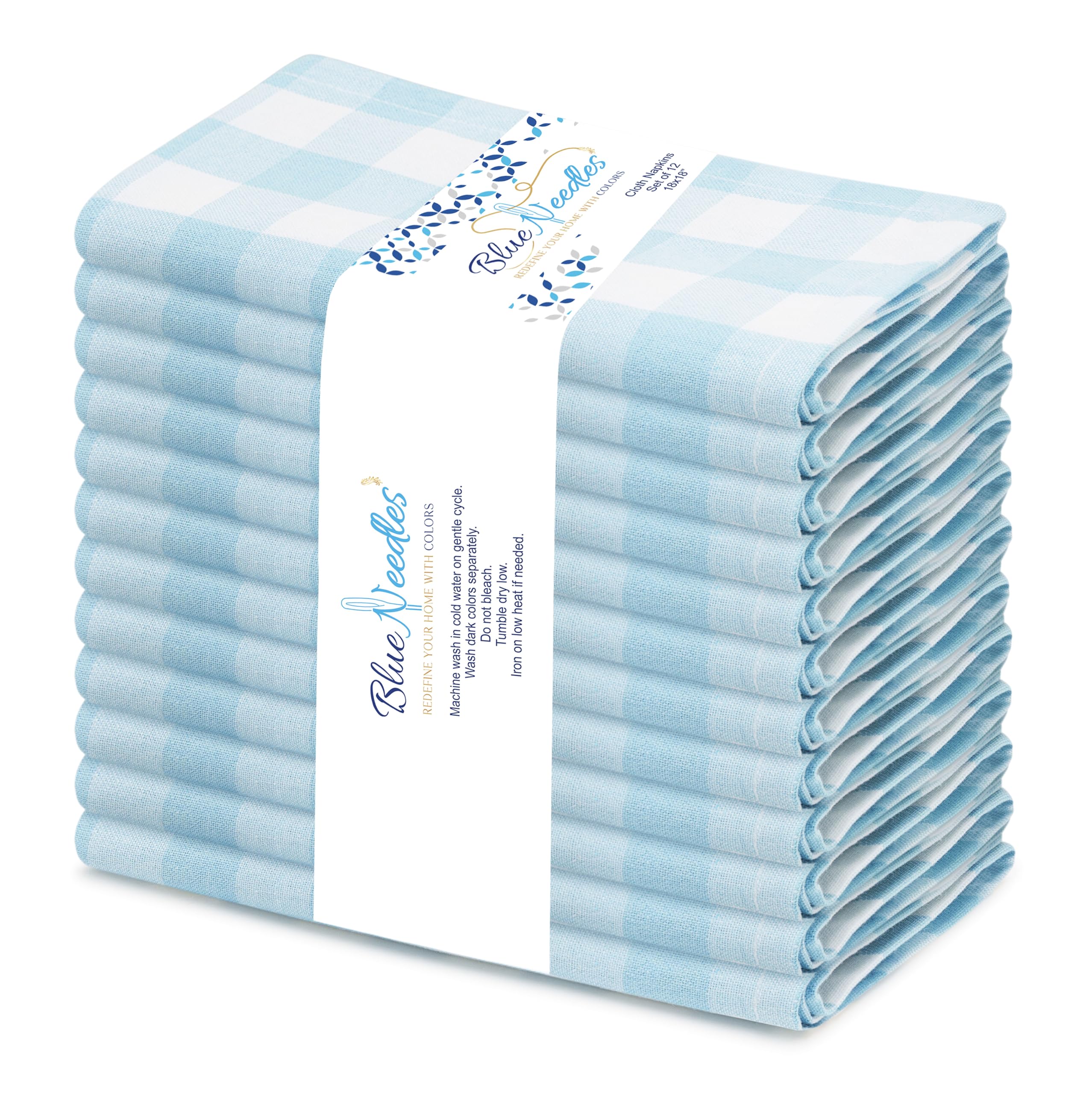 Blue Needles Gingham Buffalo Plaid Cloth Napkins 100% Cotton Set of 12 Dinner Table Napkins 18x18 inch Soft, Reusable, Washable Perfect for Spring