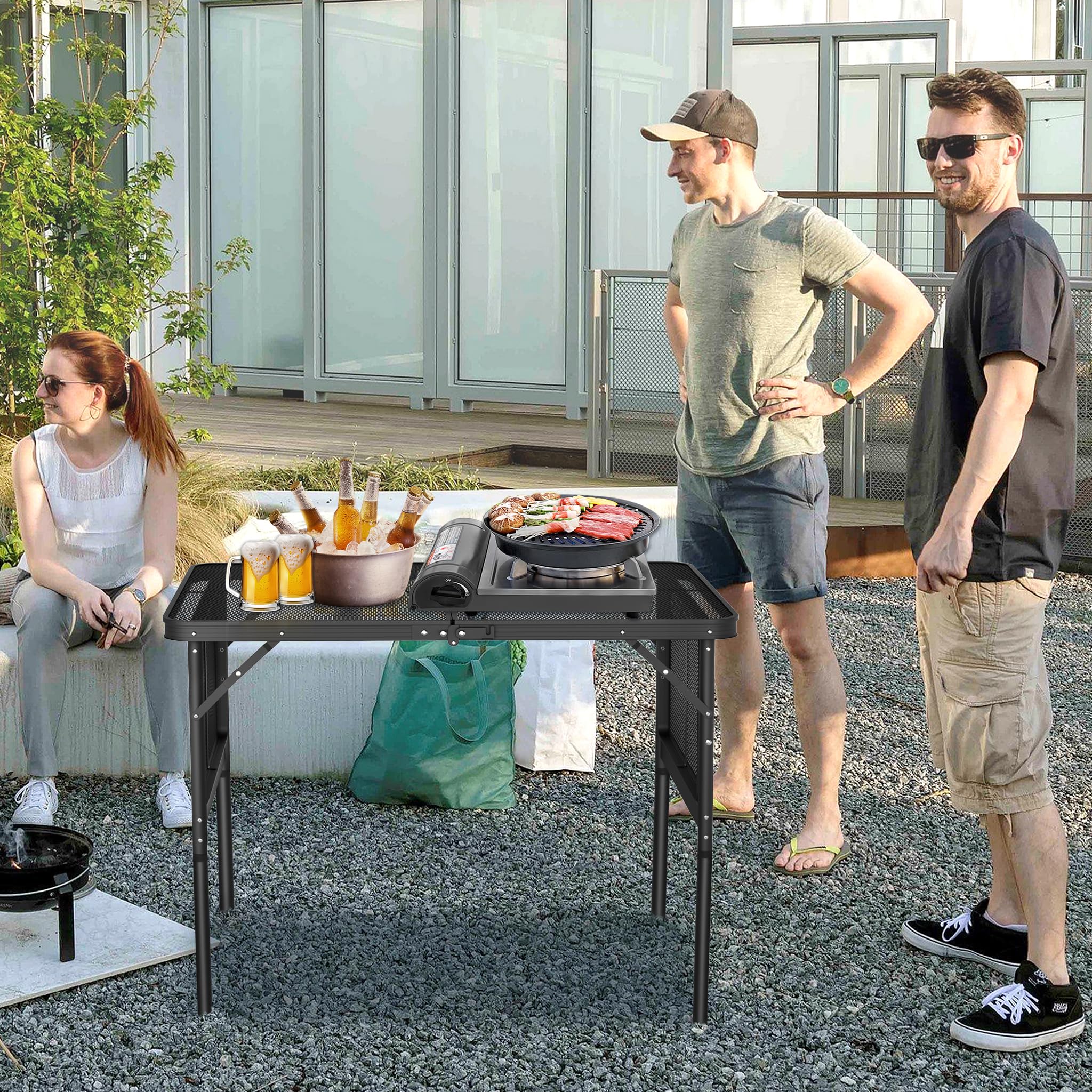 AufuN Tavolo da campeggio portatile, 90 x 60 x 39 cm, regolabile in altezza, pieghevole, multifunzione, con griglia in metallo, pieghevole, da giardino, da spiaggia, da picnic