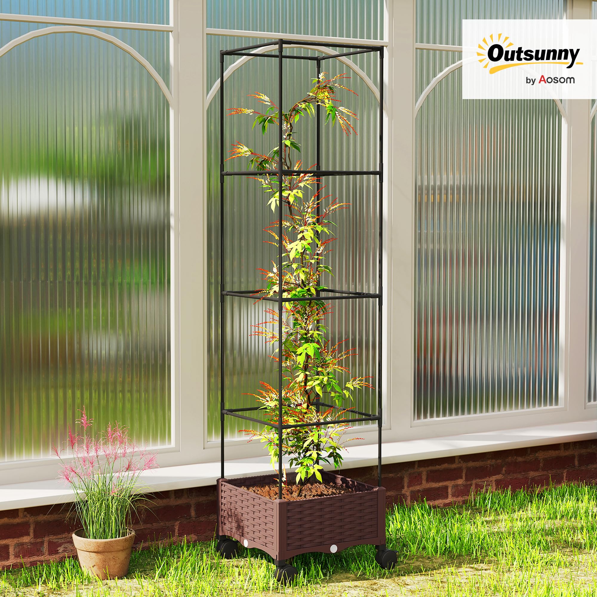 Outsunny Fioriera Rialzata con Traliccio 20L, Letto per Orto Rialzato da Esterno con Ruote Bloccabili, Sistema di Autoirrigazione, Fori di Drenaggio, per Piante Rampicanti, Verdure e Fiori, Marrone