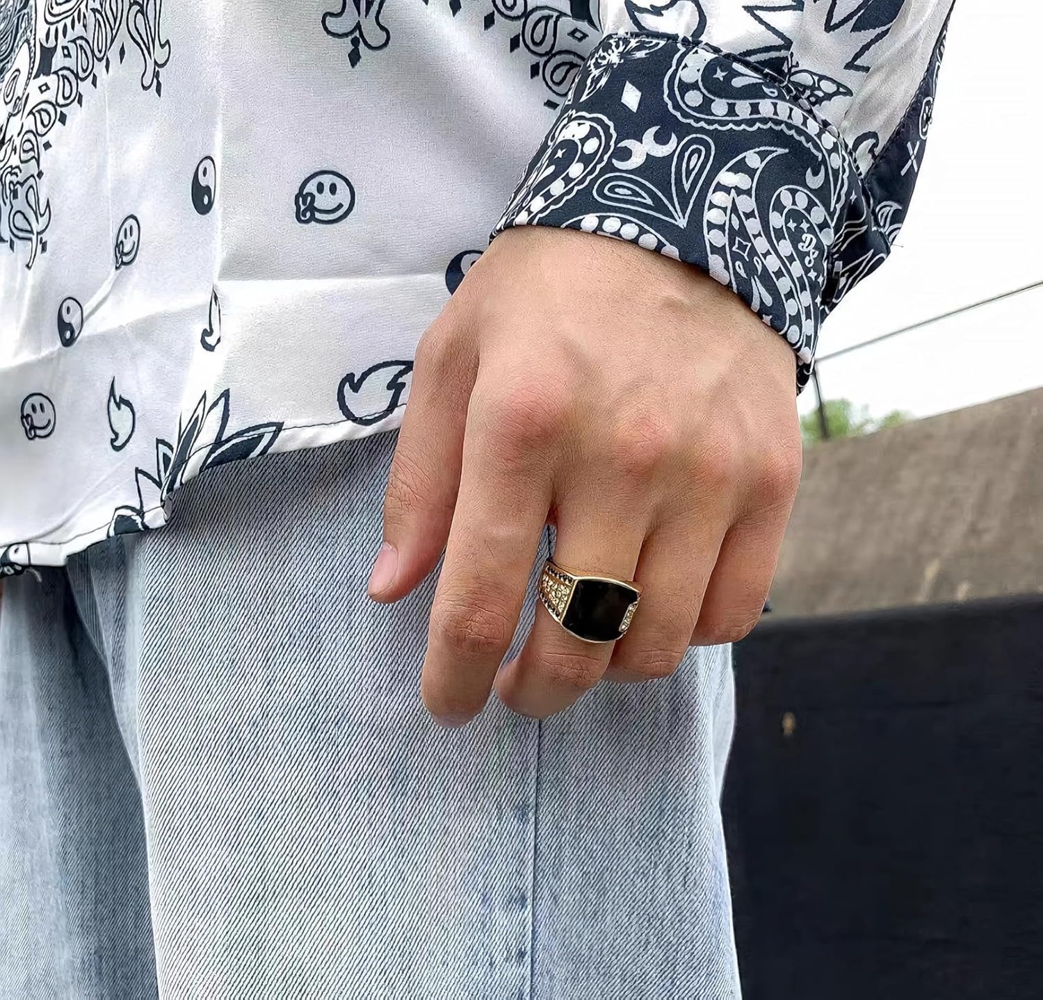 Ganquya Sparkling 18K Gold Plated Vintage Square Black Agate Signet Glossy Rings Simulated Diamond Hip Hop Ring Fashion Cuban Link Chain Promise Ring for Men (9) - Image 7