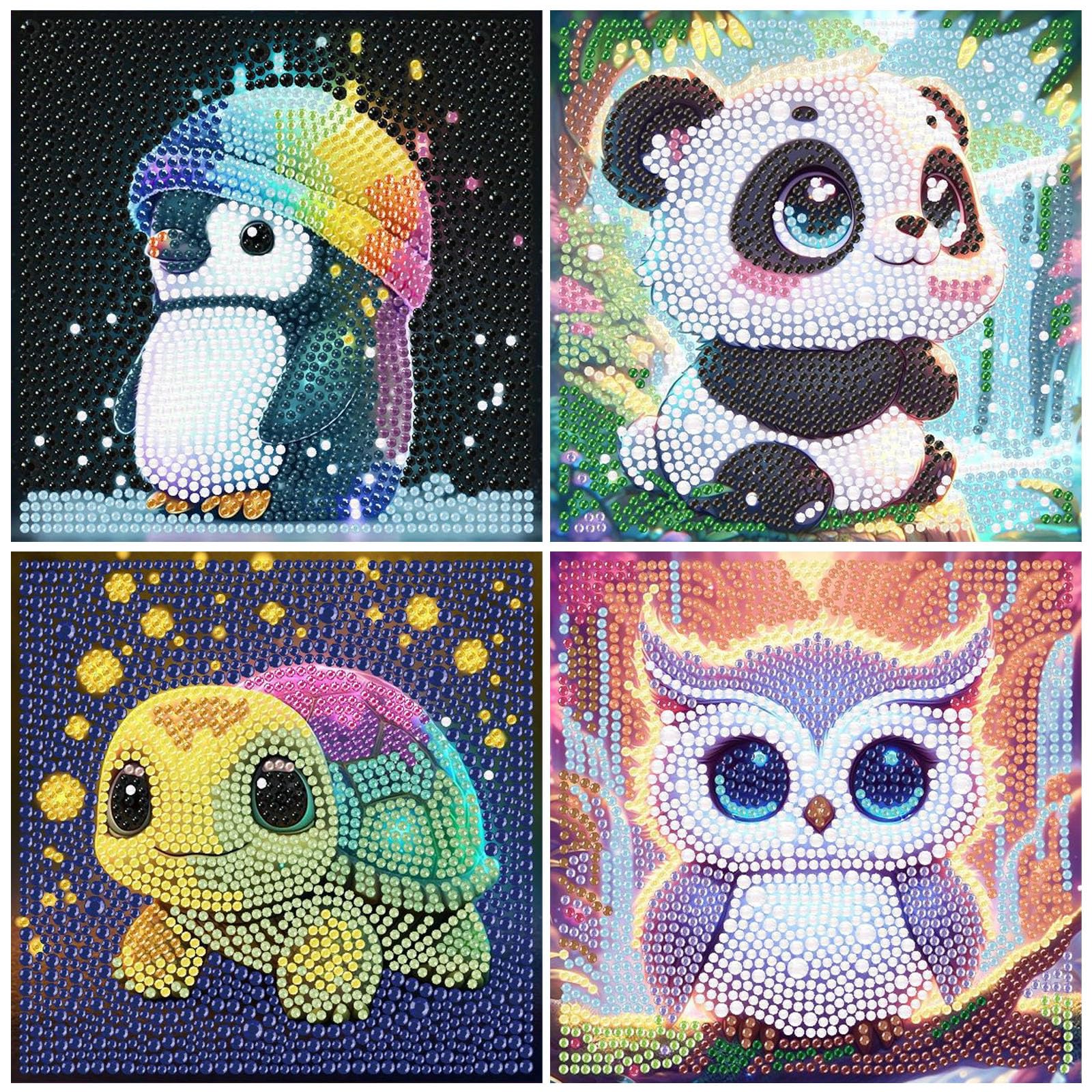 4 Pack 5D Diamond Art Kits for Begingner, Cartoon Diamond Painting Kits 4 Cute Animal, Coloured Diamond Dots, 4 Diamond Canvases (Unframed), 4 Trays, 4 Diamond Pens, Diamond Craft Kits for Adult