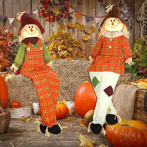 Miniatura 5 de Libima Paquete de 2 espantapájaros grandes de 60 pulgadas, para Acción de Gracias, otoño, decoración de Halloween, espantapájaros de tamaño real