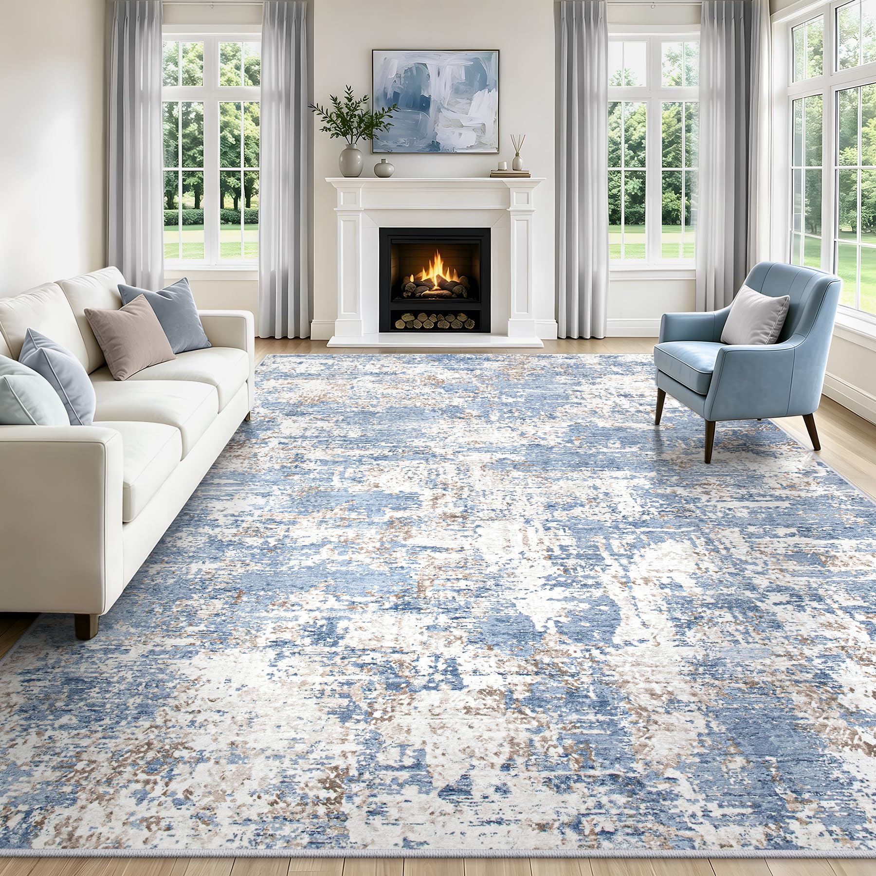 Photo 1 of 8x10 Area Rugs for Living Room Blue Rug Washable Bedroom Abstract Carpet