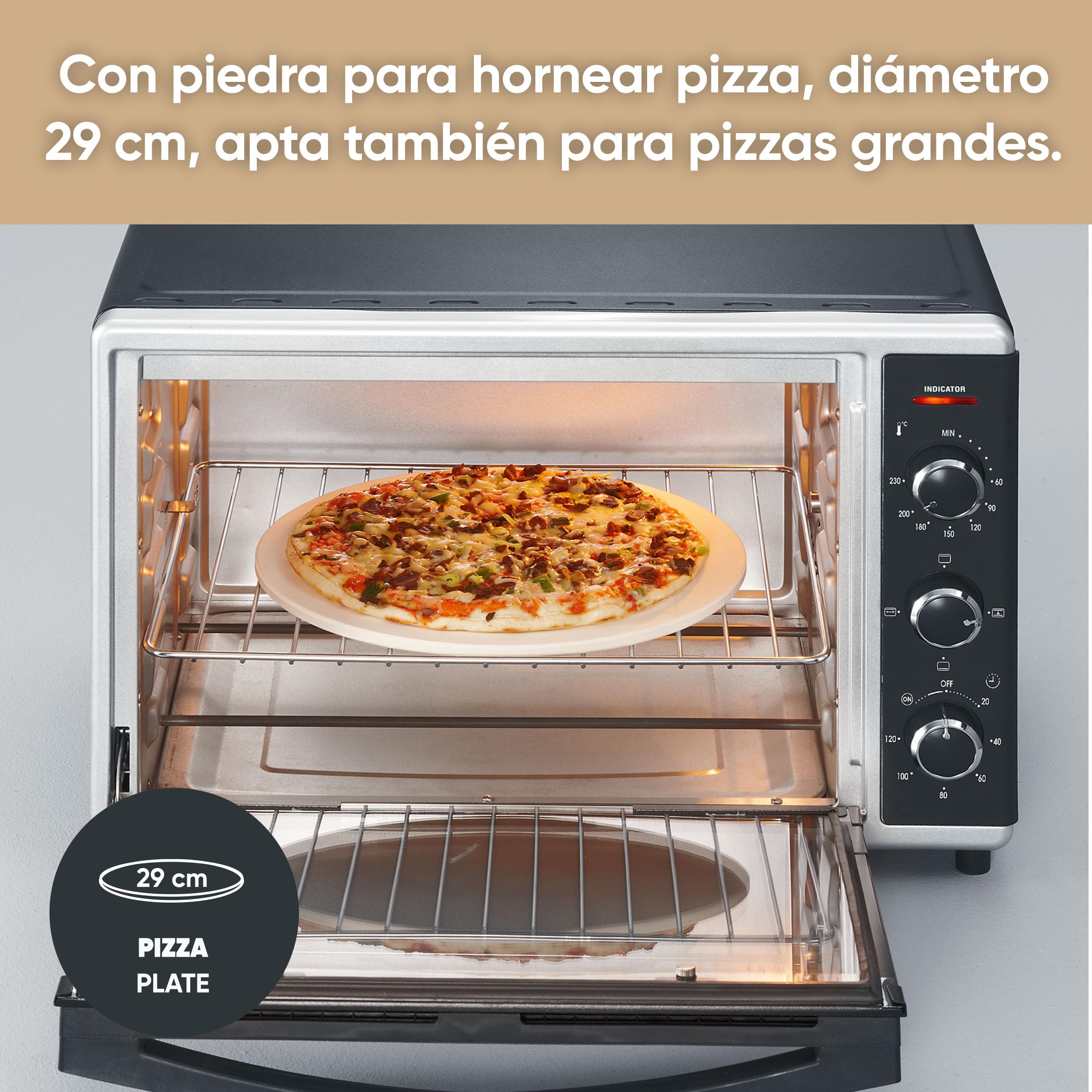 SEVERIN Horno tostador con función de convección, mini horno tostador con grill y bandeja, horno pequeño con piedra para pizza y asador giratorio, 1800 W, 42 L, negro, TO 2058