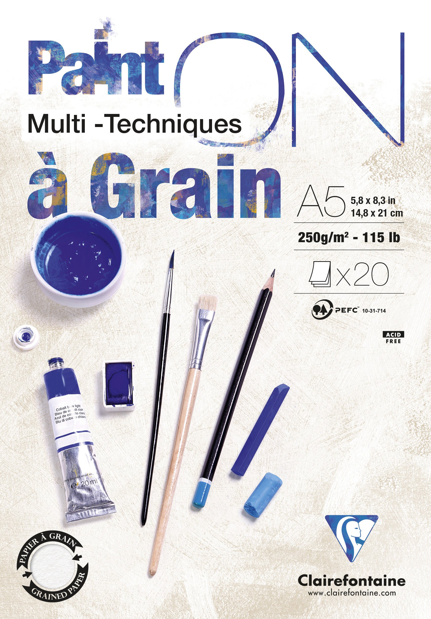 Clairefontaine 975048C - Packung mit 4 Blöcken Paint´ON à grain/gekörnt, DIN A5, kopfseitig geleimt, 20 Blatt, 250g, weiß, 4 Stück