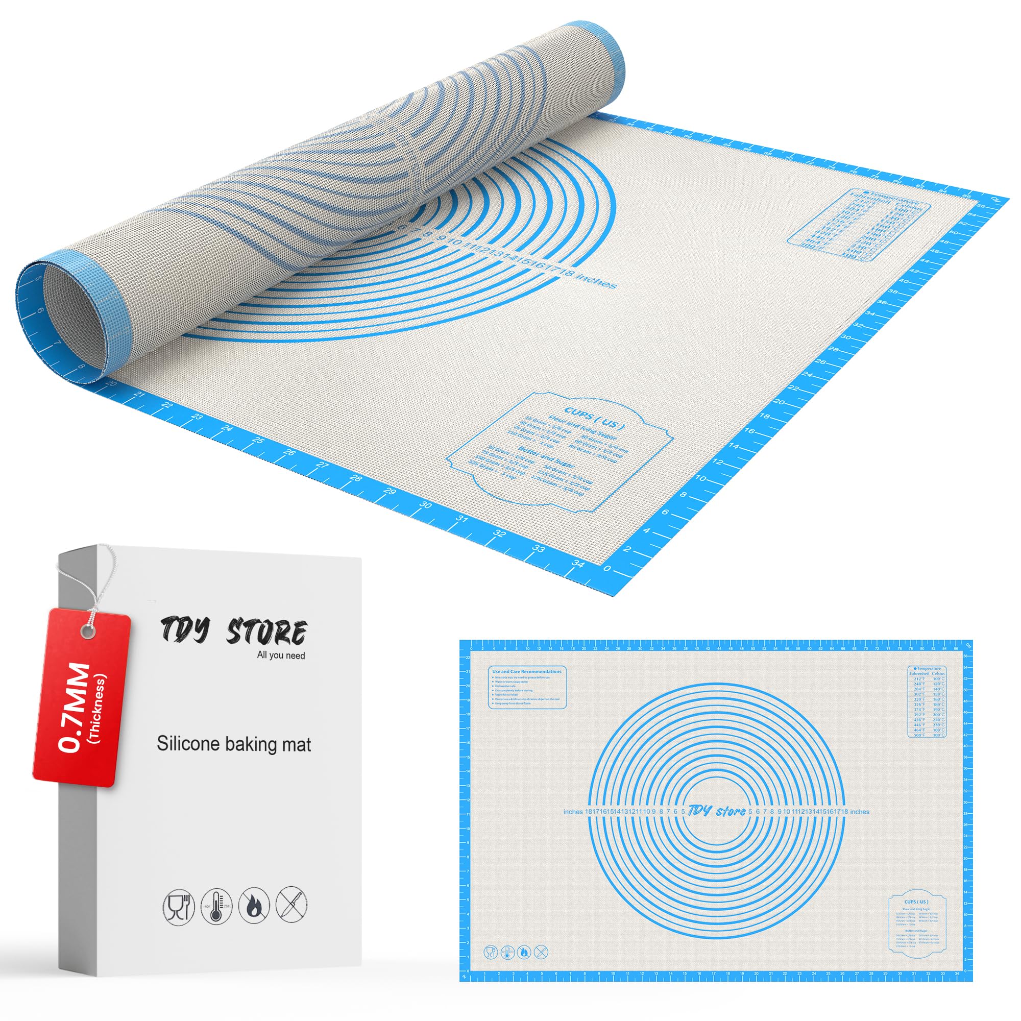 Bandejas de silicona antideslizantes para hornear con 0.7 mm de grosor, alfombrilla antiadherente para repostería y galletas para encimera de cocina para enrollar masa con medidas (azul, 28 x 20