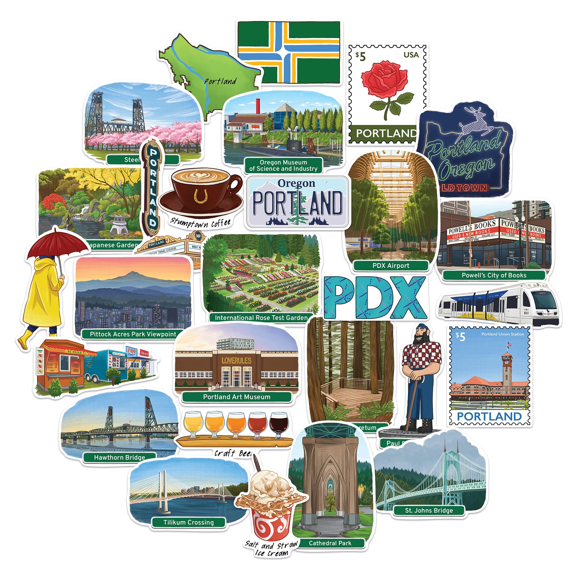 Navy Peony Hipster Portland Travel Stickers (28Pcs) - City Of Roses, Oregon, America City-Themed Vacation Stickers For Scrapbooking, Journals