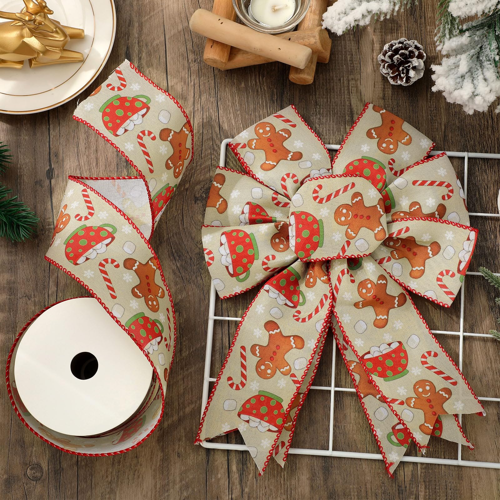 JarThenaAMCS Cinta de Navidad con borde de alambre para manualidades, cinta de tela de invierno para corona, lazo, envoltura de fiesta, 12 yardas