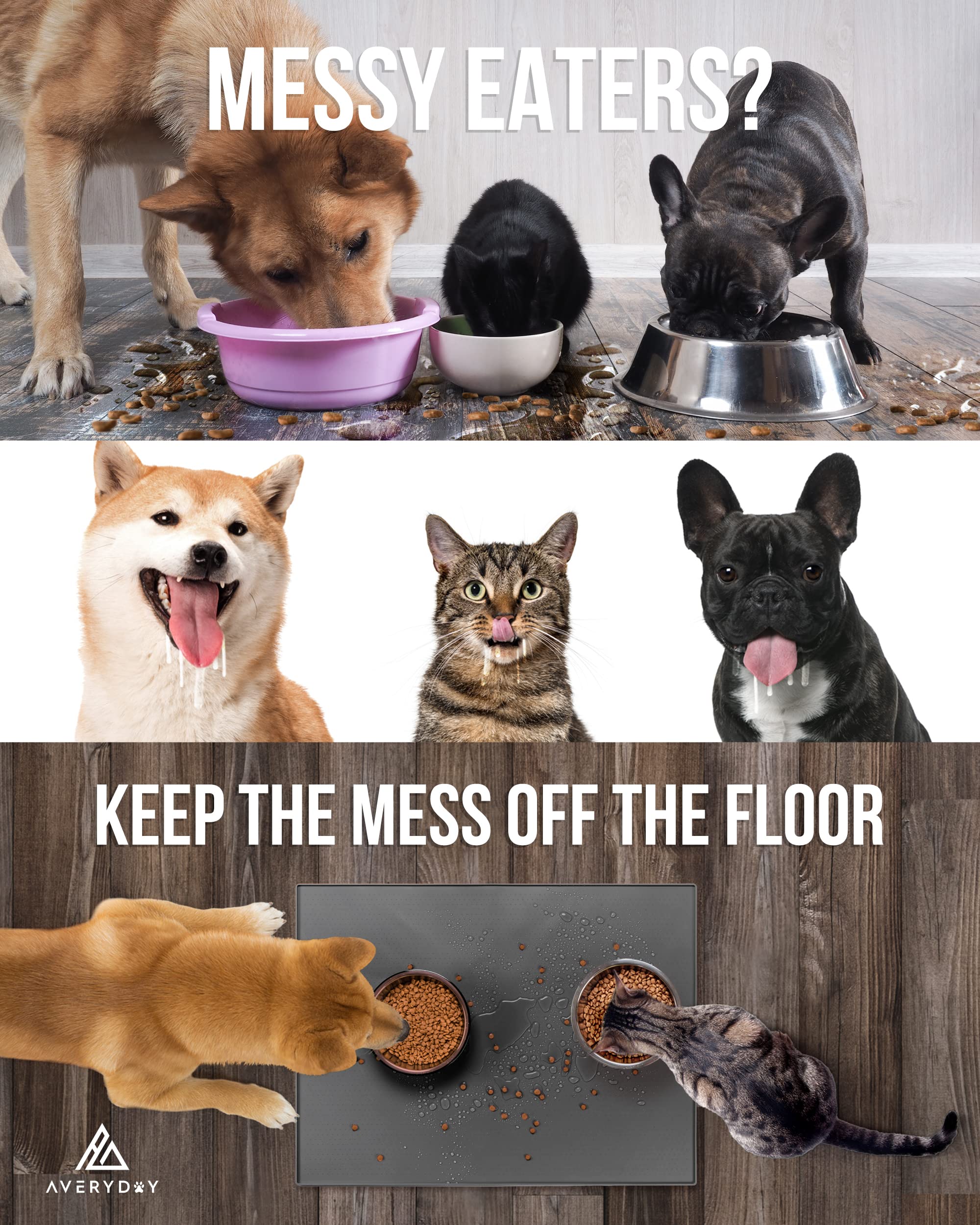 AVERYDAY 32x24 Silicone Dog Water Bowl Mat Fits Multi Cat Feeding Stations, 0.63" High Edge XL Waterproof Rubber Pet Dog Cat Food Bowl Mat/Tray for Floor & Dog Bowls to Protect Wooden Floor