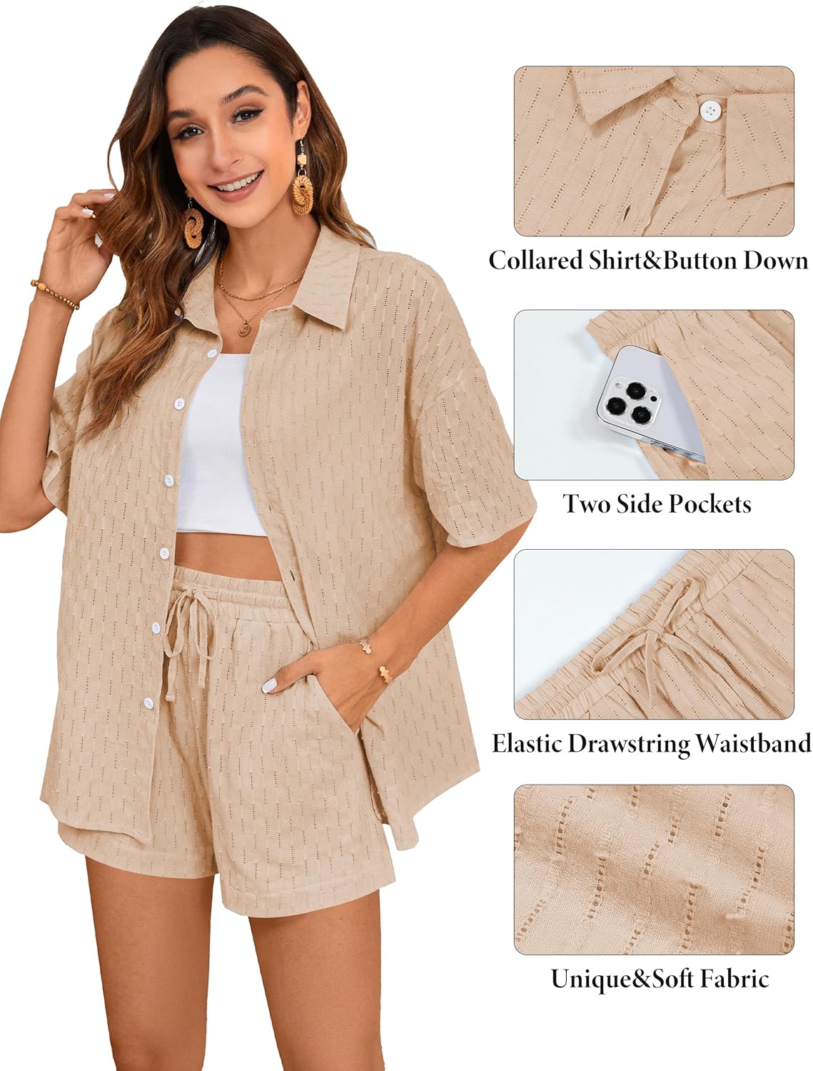 Blooming Jelly Womens 2 Piece Linen Sets Botton Down Shirt Drawstring Shorts Summer Beach Vacation Outfits Lounge Set(M,Khaki) - Image 4