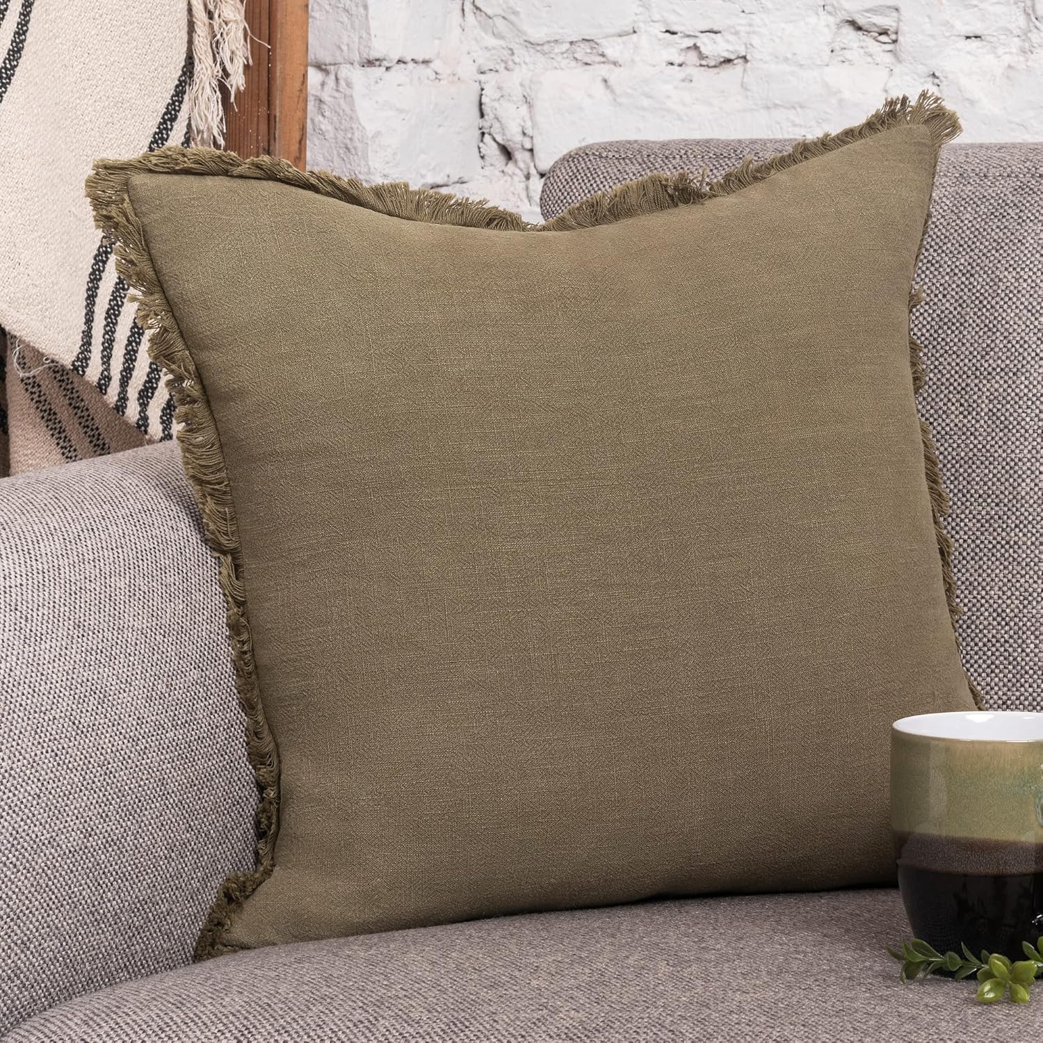 INSPIRED IVORY Decorative Linen Pillow Cover 20x20 Inch - Khaki Green Throw Pillow Cover with Fringe & Invisible Zipper - Soft Solid Cushion Cover for Sofa, Couch, Bed Decor, Single Sham (50x50cm) COLOR DARK GRAY