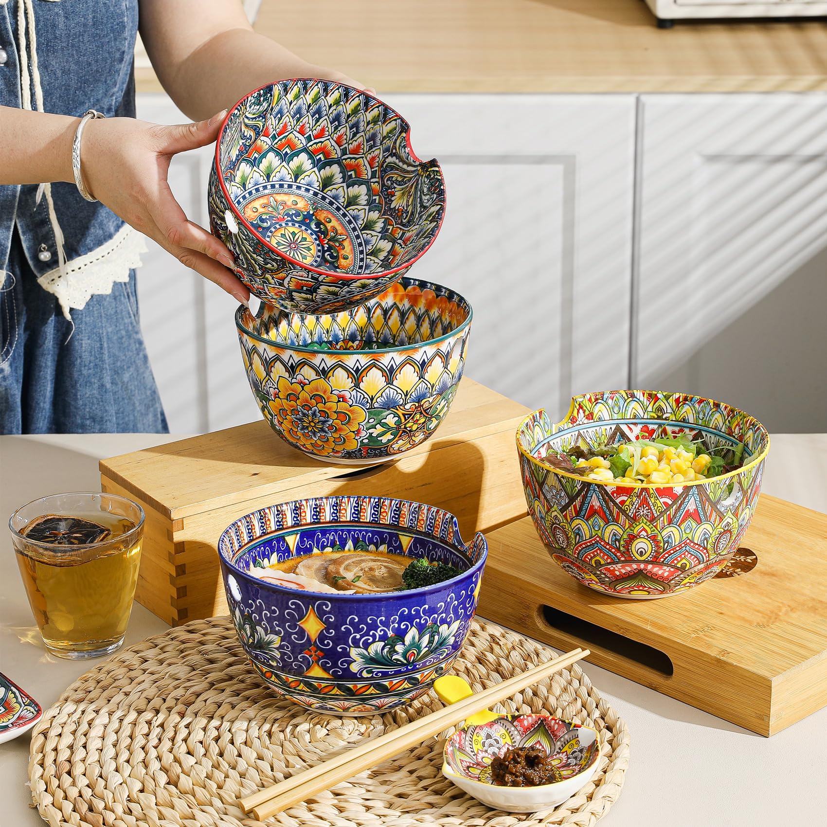 Ramen Schüssel, Set Ramen Suppenschalen inklusive Essstäbchen, 4er Bowl Keramik Set für Suppe, Ramen und Udon - 850ml