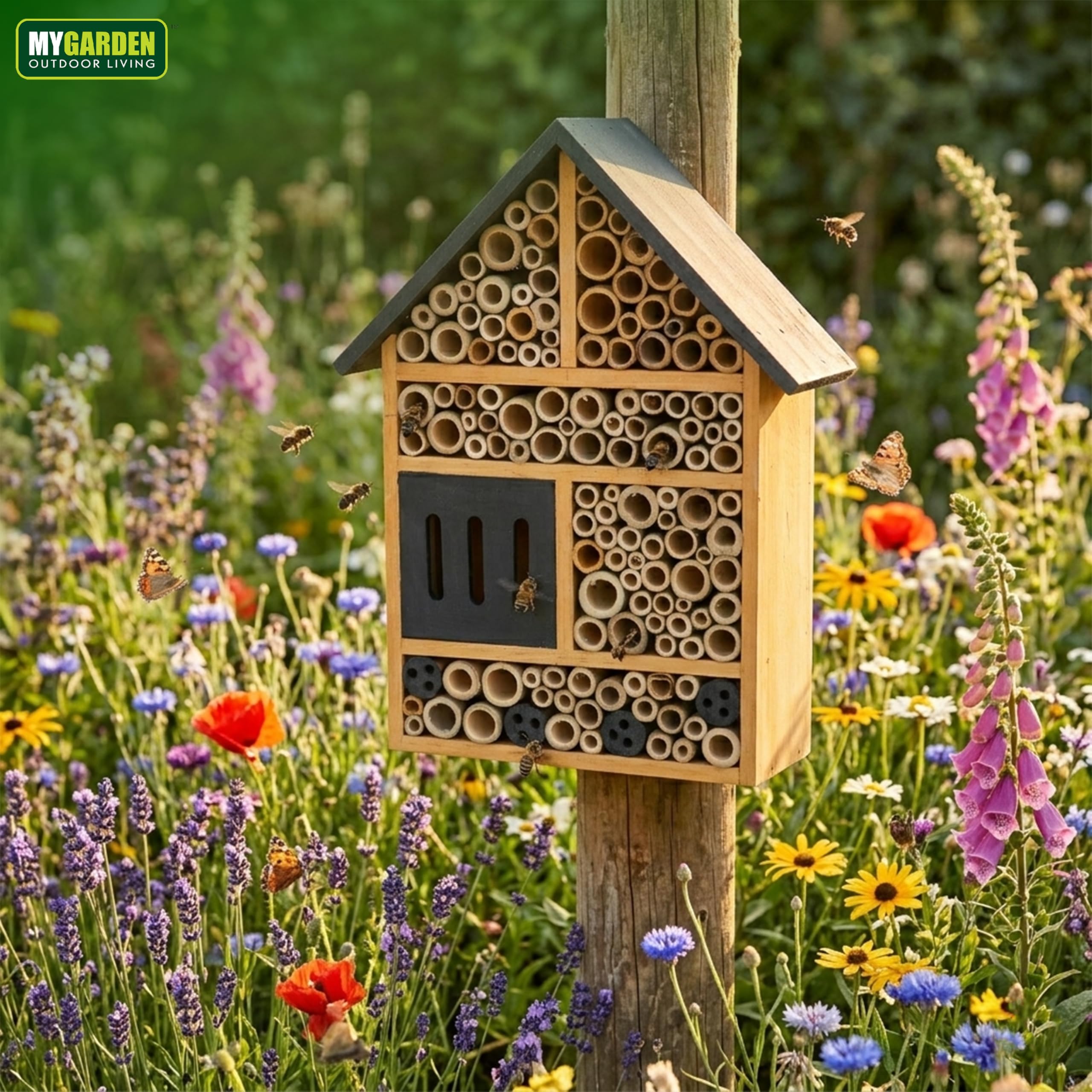 My Garden Insect House for Garden Bees & Butterflies - Outdoor Bug Hotel Shelter, Solid Pine Wood Bee House with Multi Chambers - Weather Resistant Wildlife Habitat, Easy Mount — view 9