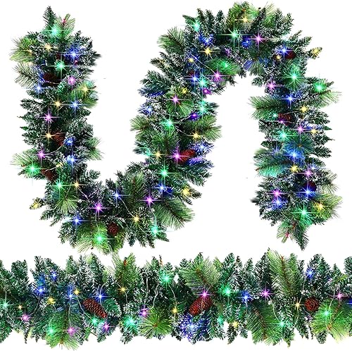 Guirnalda de Navidad de 16 pies con 4 luces LED preiluminadas, guirnalda de cedro de piña, funciona con pilas, decoraciones de Navidad artificiales