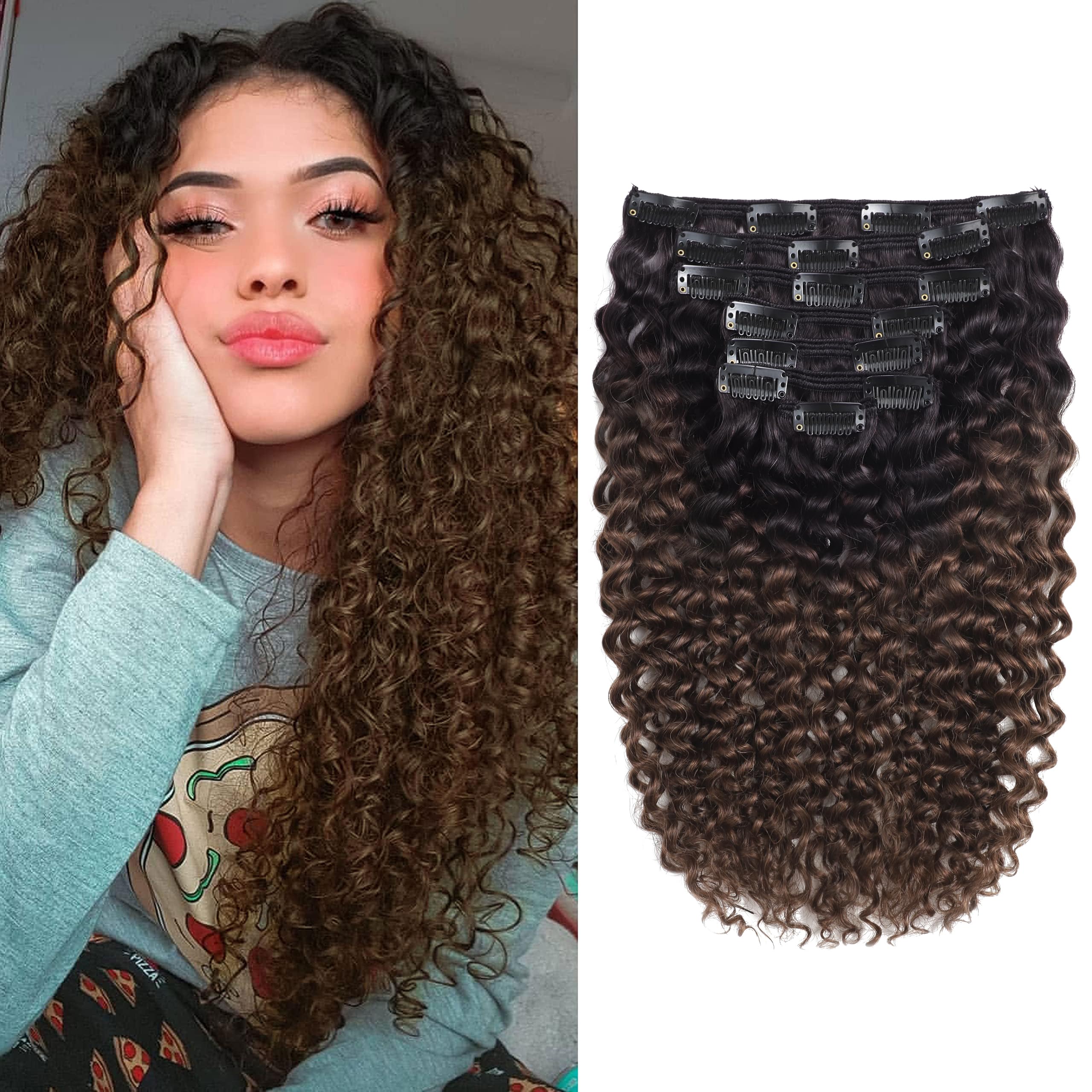 Anrosa Jerry Curly Human Hair Clip In Extensions 3B 3C Ombre Natural Black #1B Fading To Dark Brown #4 Color Curly Hair Extensions Clip In Human Hair