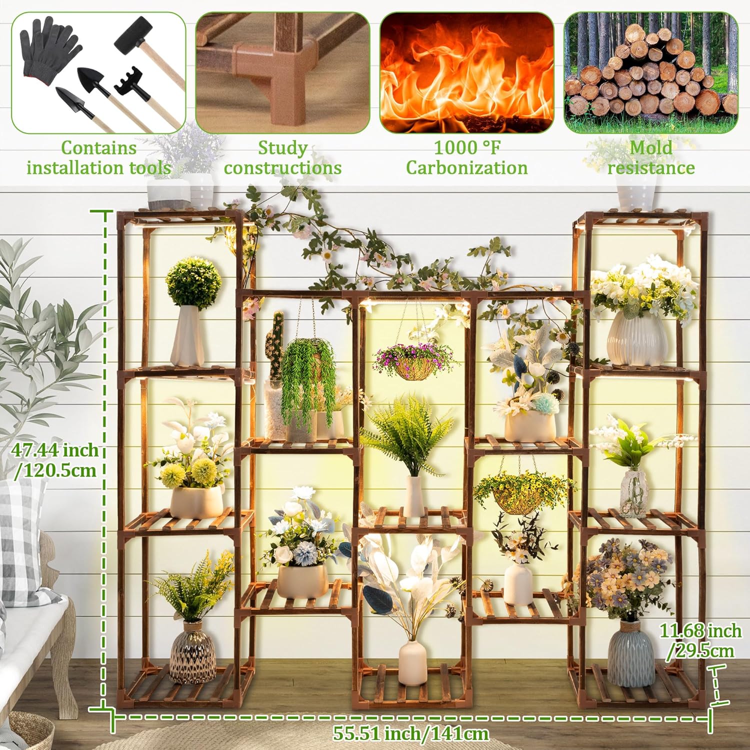 Dreyoo Plant Stand with Grow Lights, Wood Plant Shelf with Full Spectrum Grow Lamp for Indoor Corner, Vintage Multi Layer Lighted Stand for Living Room Balcony Display(14 Potted Shape)