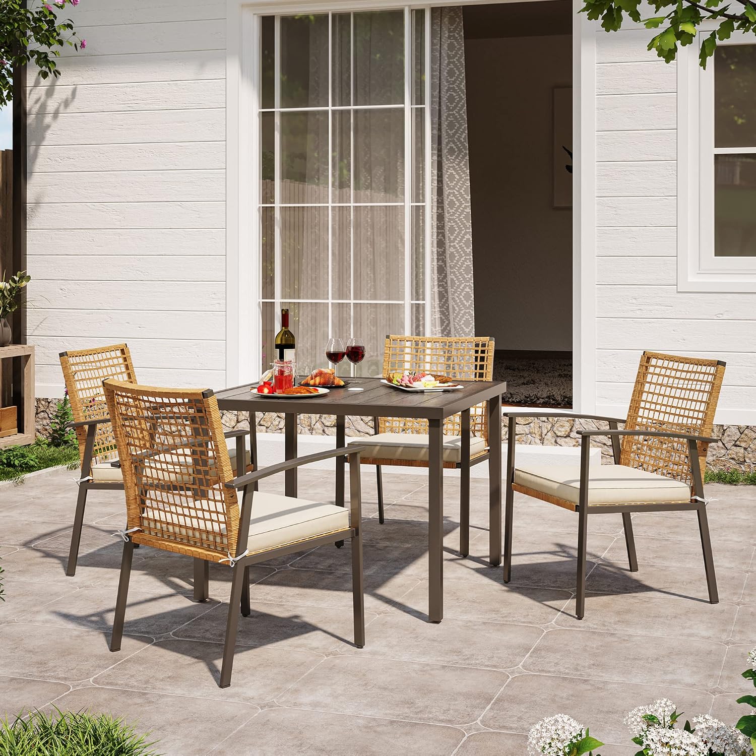 5 Pieces Patio Dining Set, Outdoor Furniture Set of 6 Chairs with Soft Cushion and Rectangular Table with Umbrella Hole,Outdoor Dining Set for Backyard, Garden and Poolside