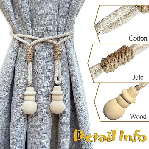 Miniatura 9 de Sujetadores de cortina bohemios para cortinas, cuerda de algodón de granja, lazos ajustables con bellota de madera rústica y bonita, accesorios de