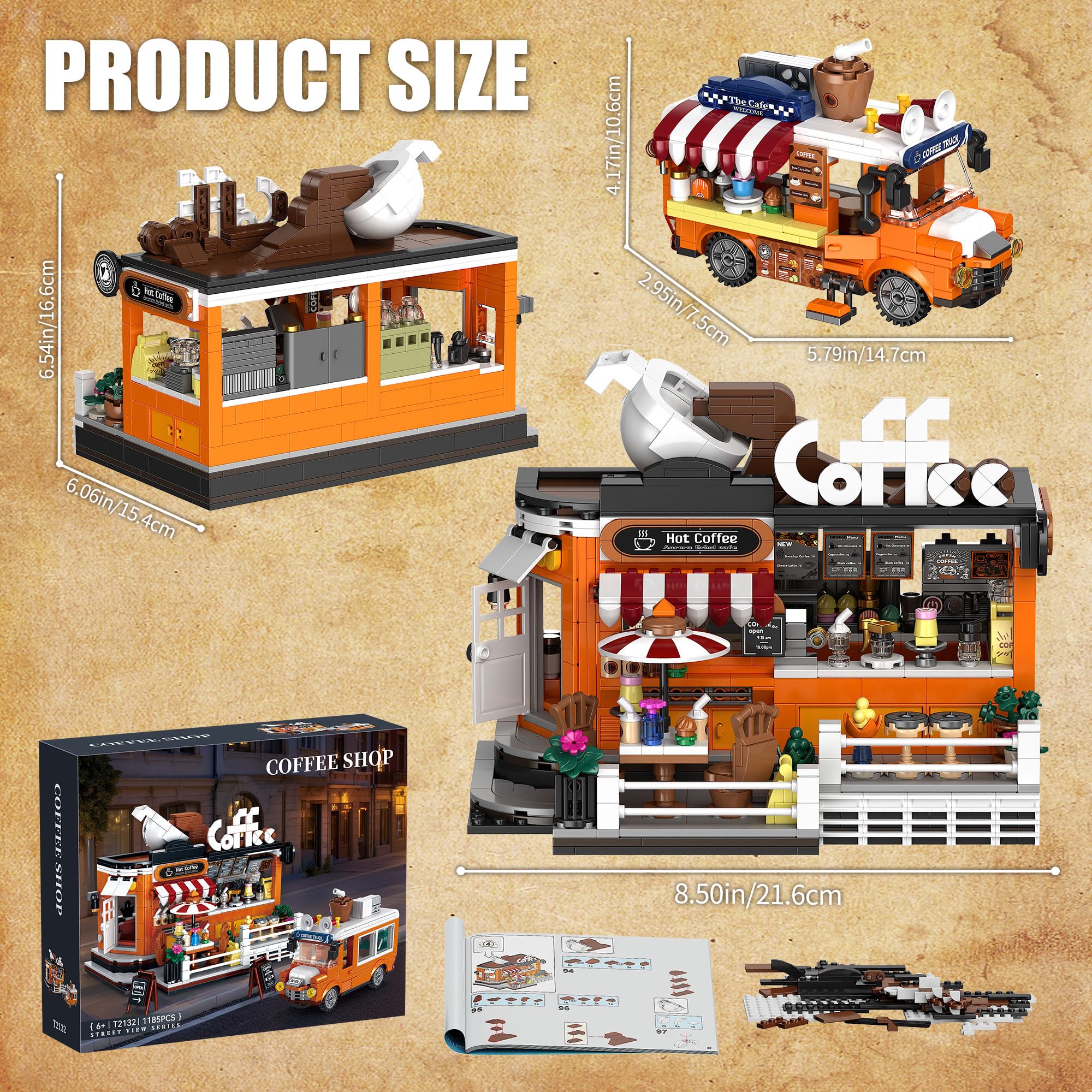 TYCOLE Stadtkaffeehaus Bausteinset, 1185 Teile, Café-Laden-Bauspielzeug mit beweglichem Kaffeewagen, STEM-Konstruktionsspielzeugmodell, Geburtstagsgeschenk für Erwachsene,Jungen und Mädchen von 6-12