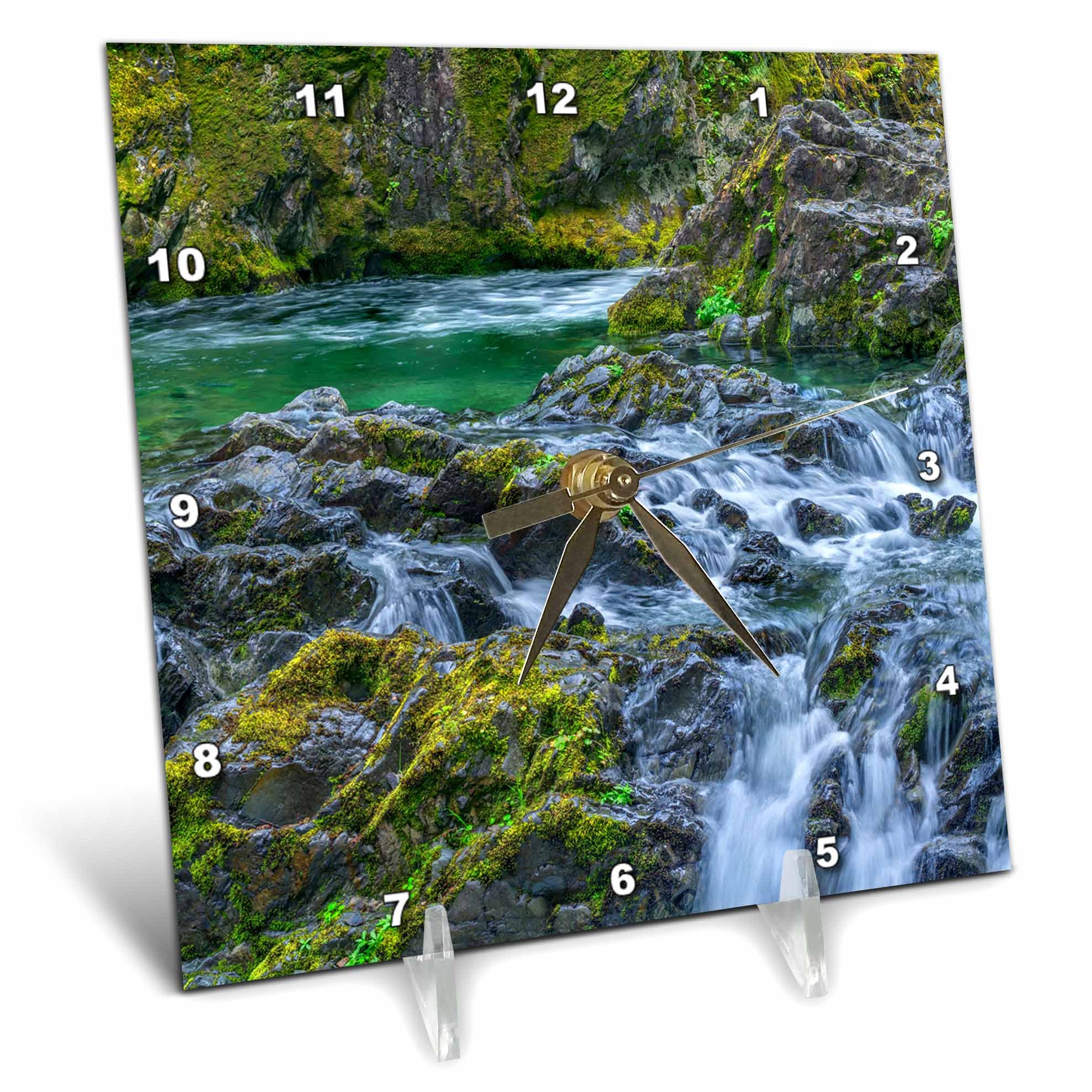 3dRose 6x6 Desk Clock - Oregon, Willamette NF, Multiple Small Falls of Opal Creek. Waterfalls