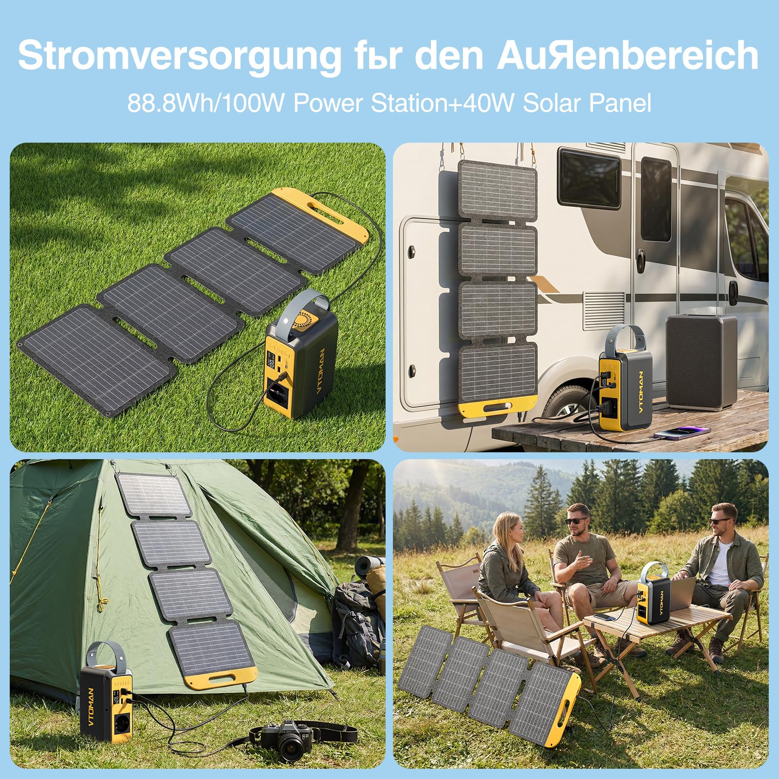 VTOMAN Jump 100 Tragbare Power Station mit 40W Solarpanel, 89.6Wh LiFePO4-Batterie, AC 100W (Spitzenleistung 200W) Steckdose und PD 65W Schnellladung für Camping, Zuhause, RV